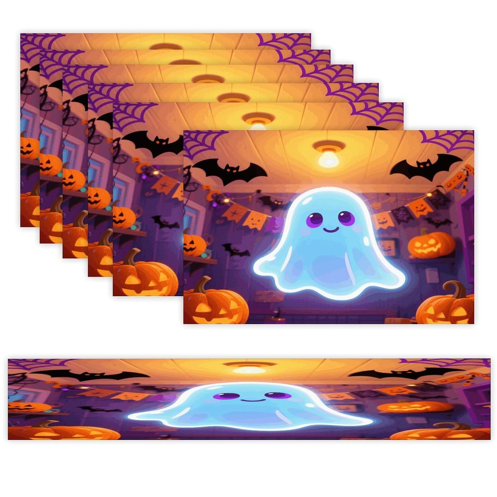 Cool Soft Halloween Ghost Table Runner and Placemats Set of 7 Linen Table Mat Non-Slip Place Mats Washable Placemat Heat Resistant Place Mat with Table Runner for Party Dining Decor