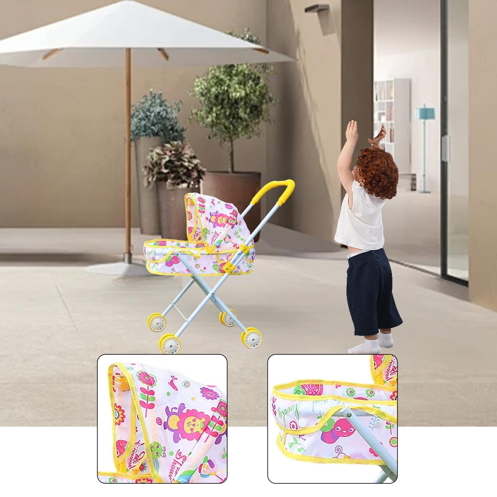 Puppenwagen Faltbarer Kinderwagen Puppenbuggy Rollenspiel Spielzeug Aus Eisen Und Pp mit Stabiler Unterstützung für Geschenk Lernspiel Dekoration Kind, Gelb