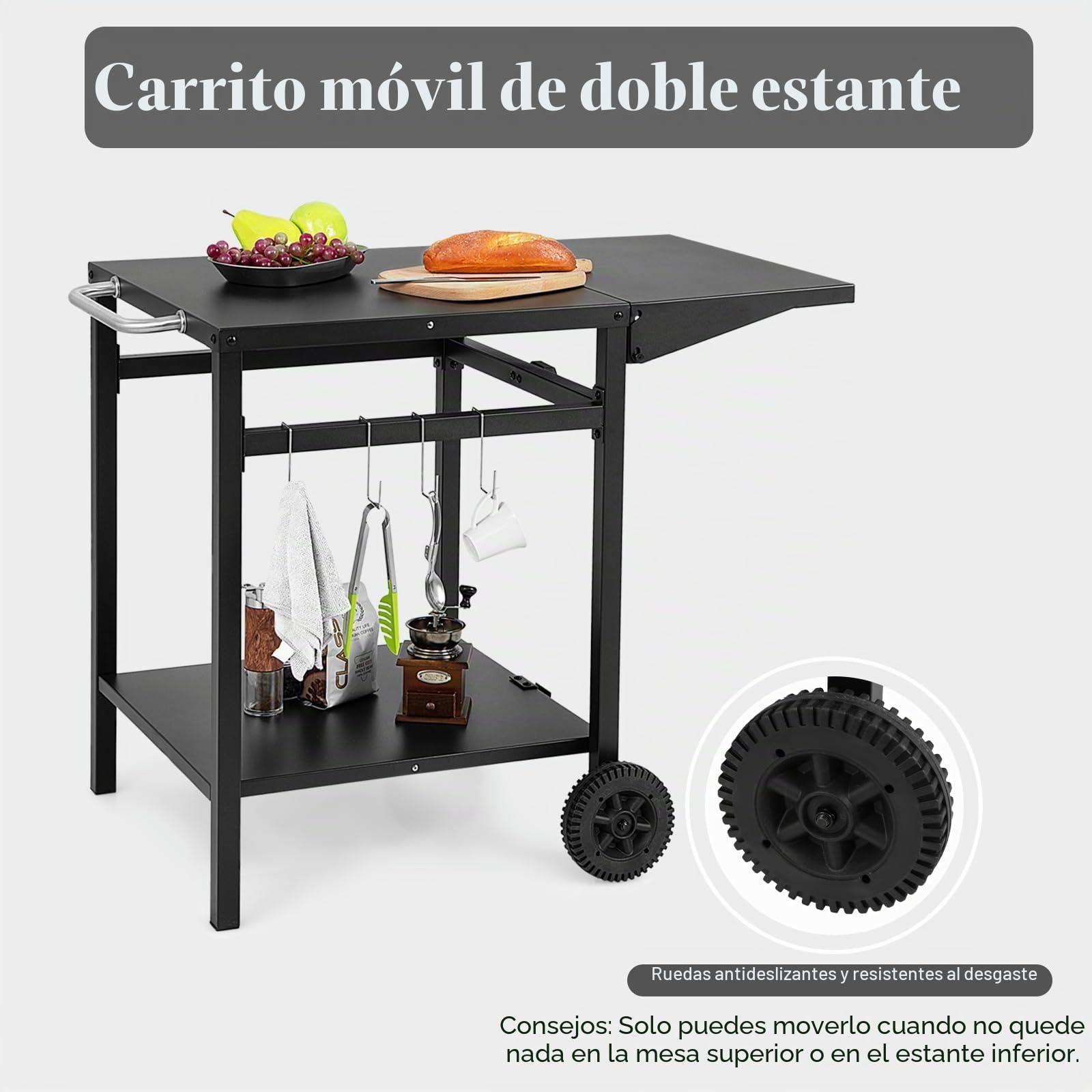 KOMFOTTEU Carro de Barbacoa con Encimera Plegable, Mesa de Preparación con 2 Ruedas y 4 Ganchos, Carrito Auxiliar de 2 Niveles con Asa Lateral, para Jardín, Patio, Terraza, 96,5 x 64 x 75,5 cm