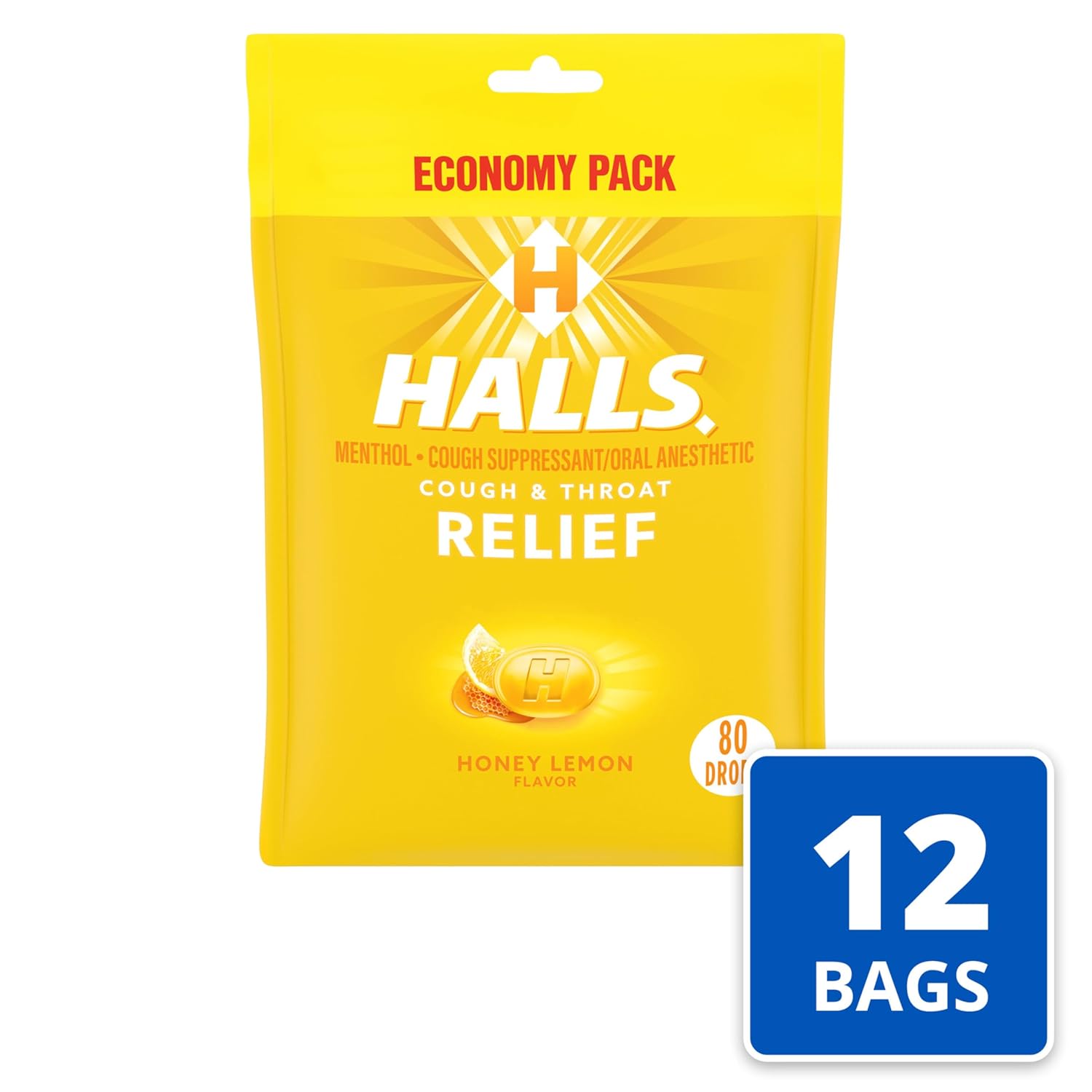 HALLS Relief Honey Lemon Cough Drops, Economy Pack, 12 Packs of 80 Drop Bags (960 Total Drops)