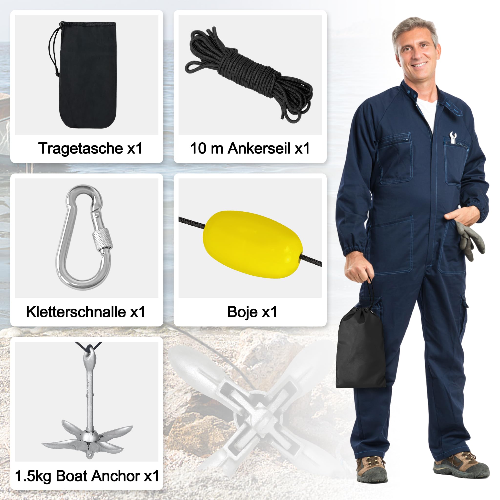 Bootsanker, Faltbar Ankerset inklusive Ankerboje, Ankerleine mit Karabiner, Kugel, Transportbeutel,Verzinkt Anker für Boot SUP Kajak Kanu Motorboat