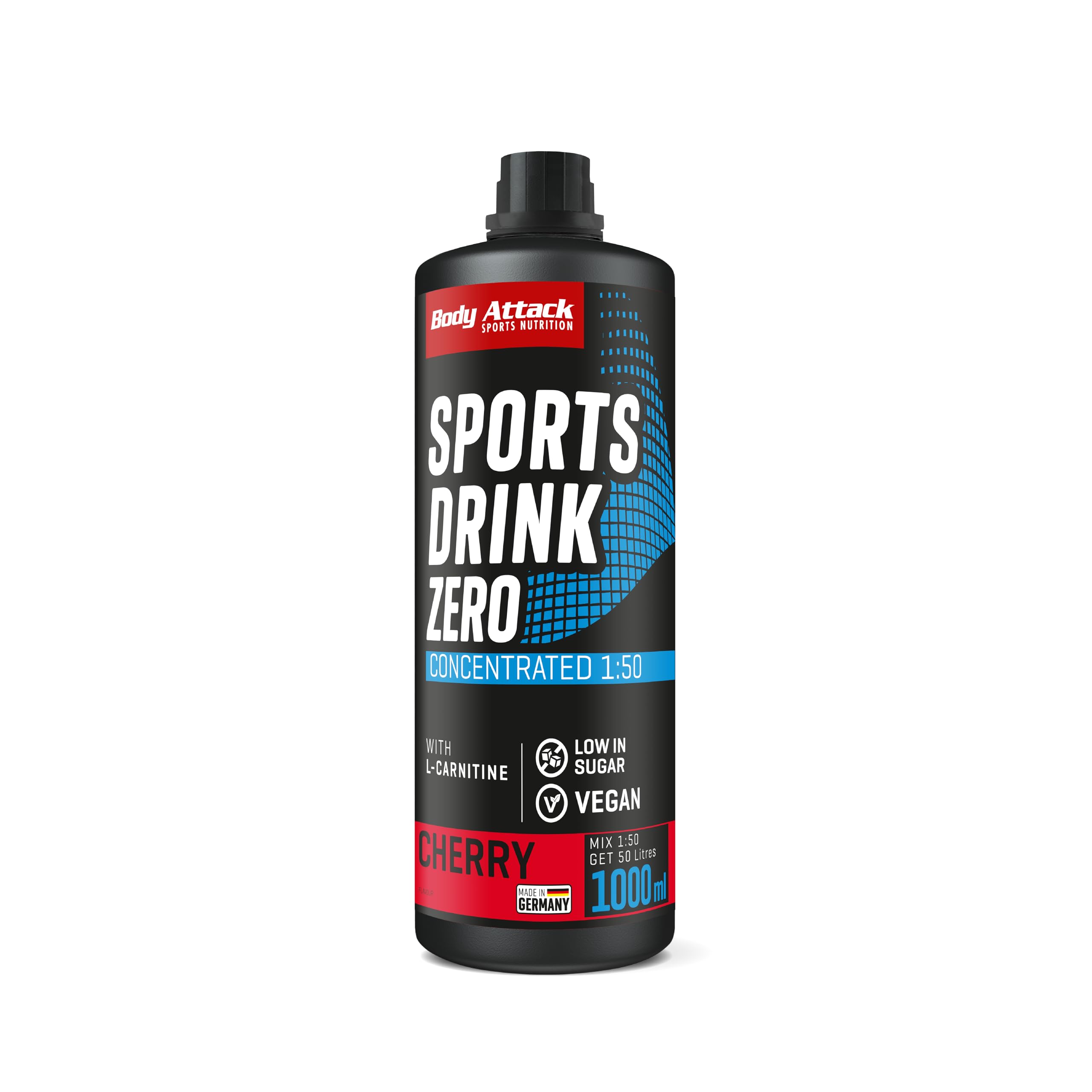 Body Attack Zero Sports Drink Cherry 1000 ml / 200 Portionen, Sirup zum Mischen, Sportgetränkekonzentrat, zucker- und fettarm, vegan, Made in Germany