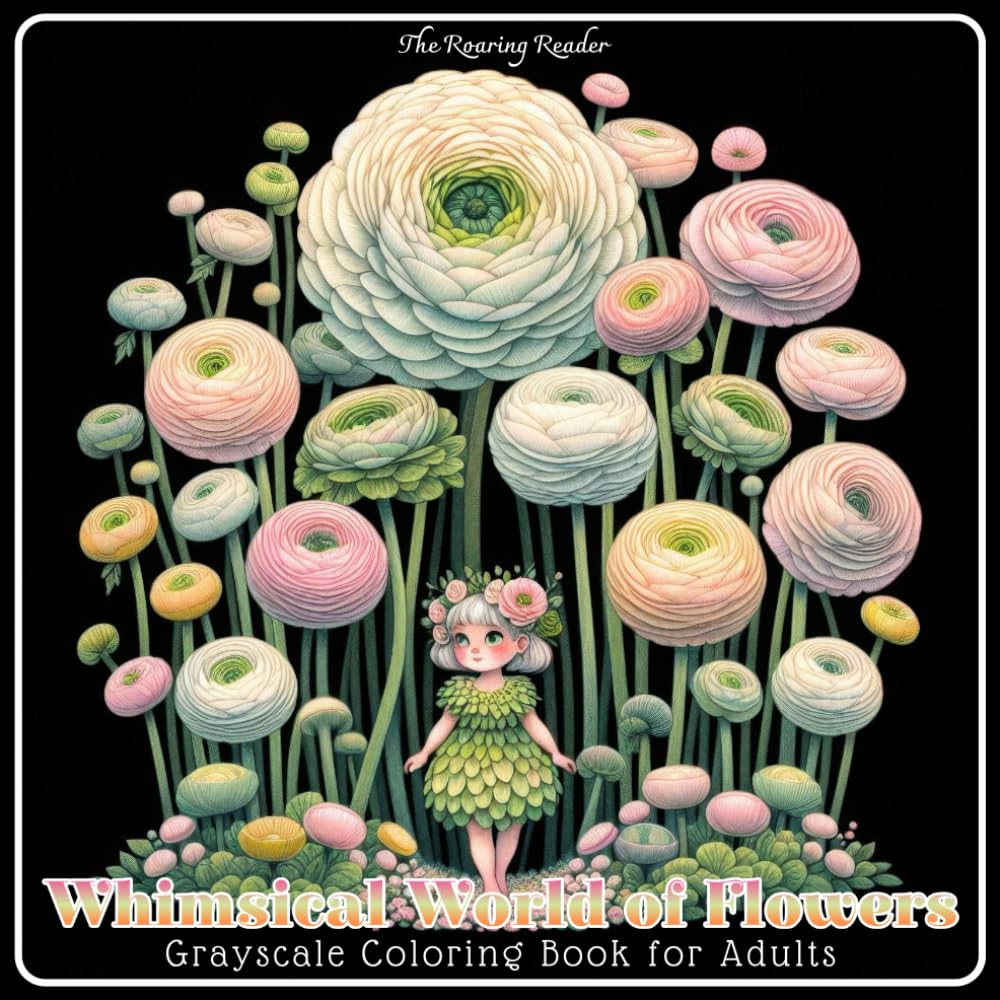 Whimsical World of Flowers Grayscale Coloring Book for Adults: 52 Dreamy Grayscale Illustrations of Tiny Characters and Giant Blooming Flowers for Relaxation and Creativity