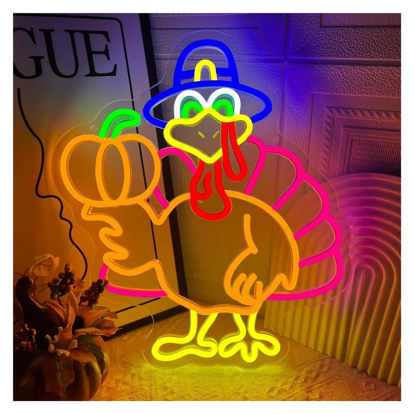 RONGCH Hanging Art Signs Pumpkin Turkey Neon Sign for Drink Bar Man Cave Thanksgiving Hotel Game Room Party Wall Decor 47x42cm