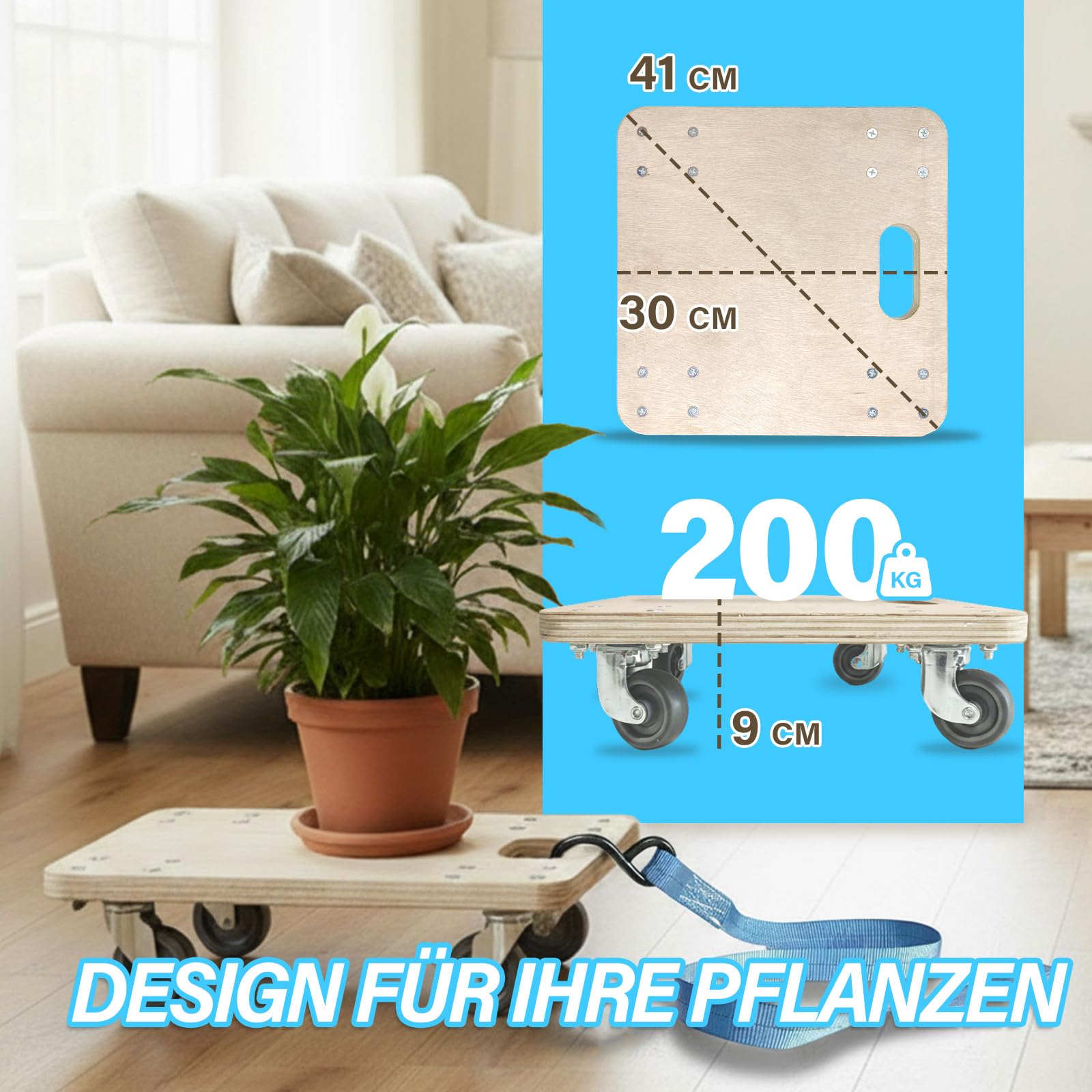 Rollbrett mit Zugseil 30×30 cm | Schwerlast-Transportroller 200 kg Tragkraft | Möbelroller & Pflanzenroller für Möbel, Kisten & Pflanzkübel | Transportbrett mit Rollen | Umzugsroller
