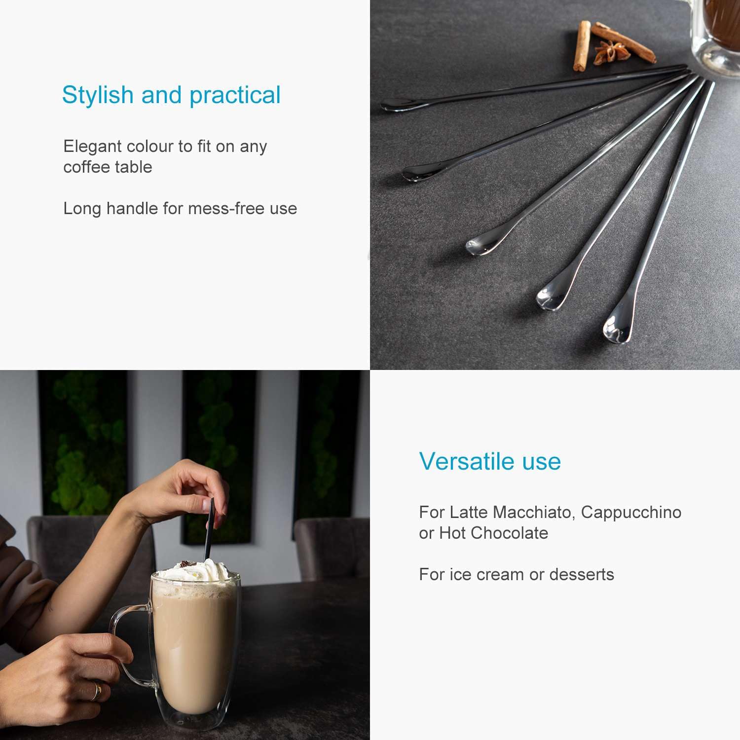 Intirilife Komplet 6 Czarnych łyżek Latte Macchiato z nierdzewnej stali - Długość 22 cm - Długie łyżeczki do deserów, idealne do kawy, mlecznych koktajli i drinków