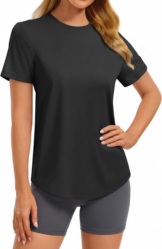 Camisetas básicas de manga corta y cuello redondo PINSPARK Soft Workout Tops para mujer | UPF 50+, secado rápido, absorción de la humedad, ajuste regular,sin etiquetas, longitud de la cadera, dobladillo curvo, senderismo,correr,jardinería,informal