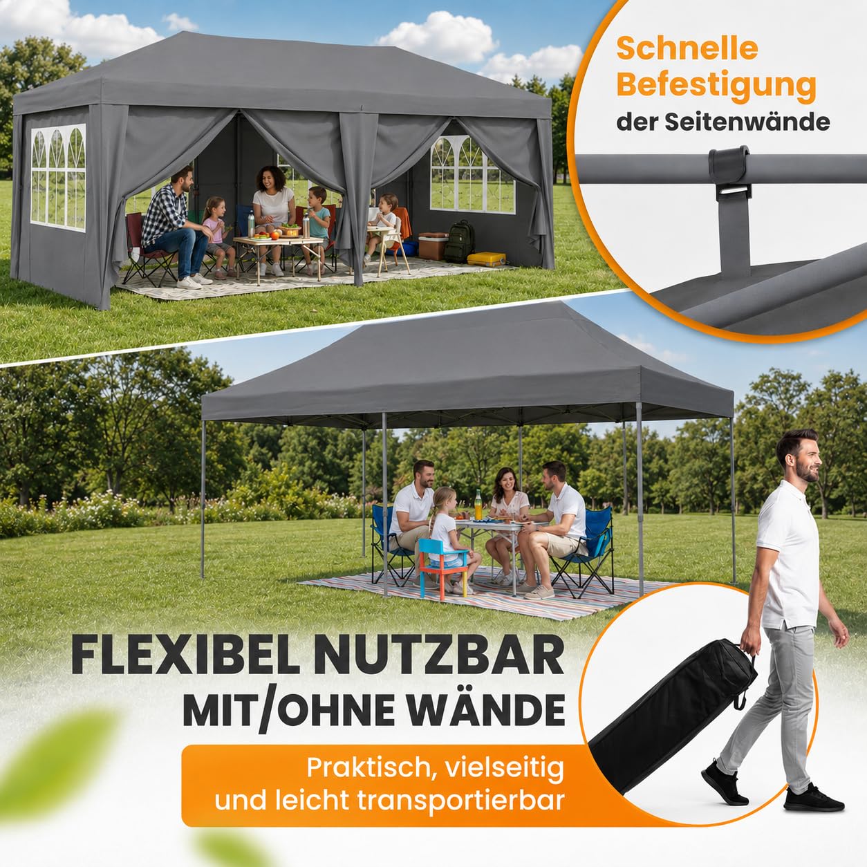NATURIZ® Pavillon 3x6 Wasserdicht Stabil & UV 50+ Schutz - Faltpavillon mit Seitenwänden - Pop Up Zelt für Garten, Camping, Märktestand & Partyzelt, Gartenpavillon, Gartenzelt, Festzelt, Gazebo (Grau)
