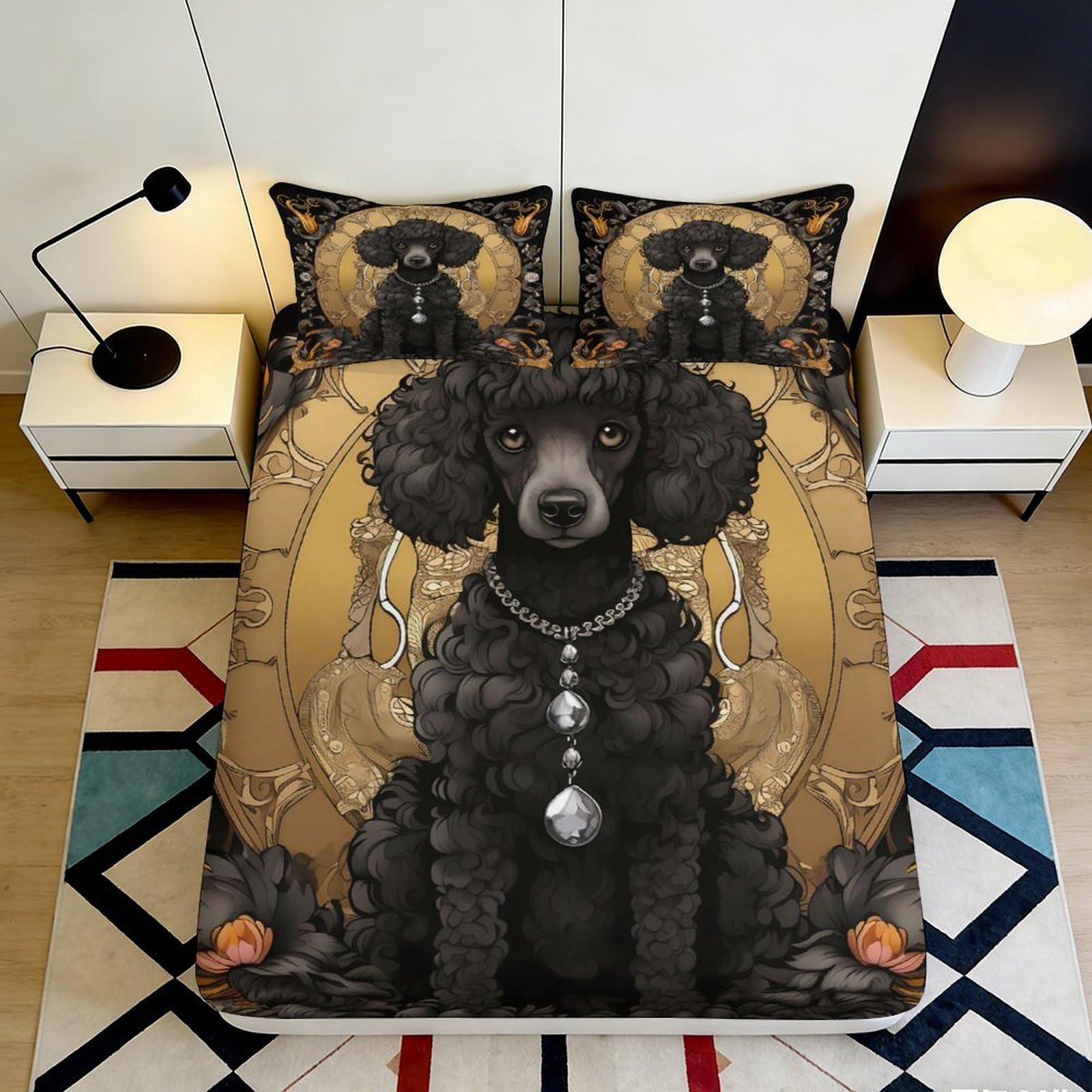 3D Printed Baroque Poodle Fitted Sheet Microfiber Deep Pocket Bedroom Poodle Mattress Fitted Cover Non-Slip Elastic Hem 120x200x25cm