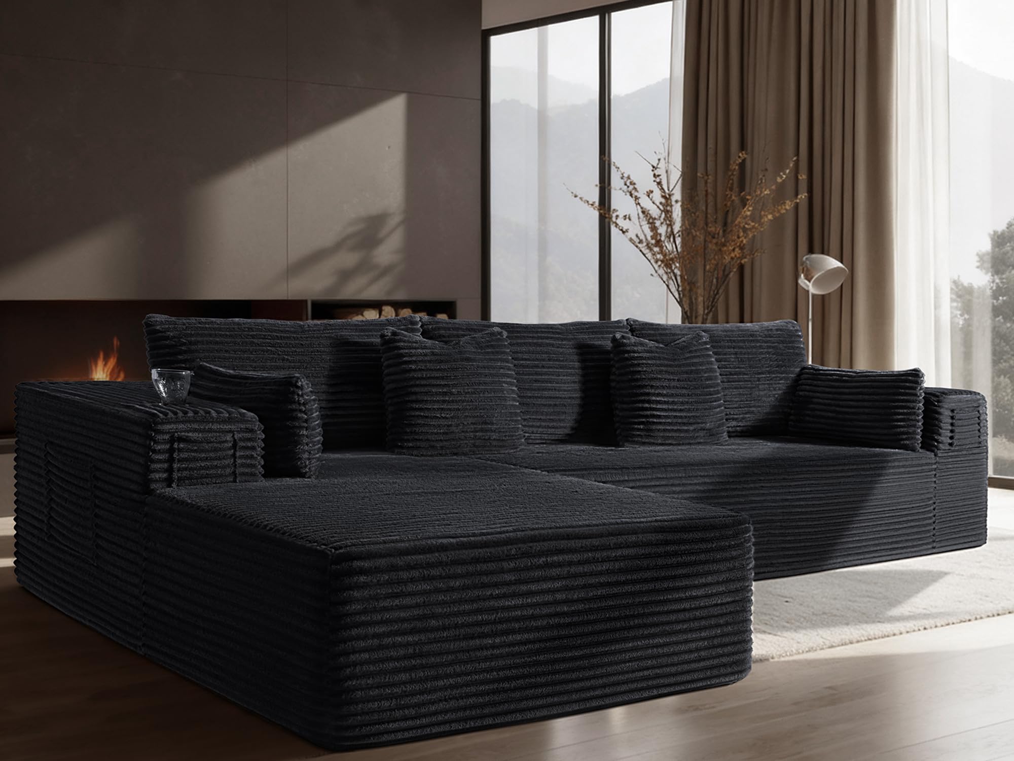 108" Oversized Cloud Sectional Couch, Comfort U Shaped Sofa for Living Room, Extra Deep Seats No Assembly, Minimalist Modular Couch, Corduroy (Black, 2 Seater+Left Facing Chaise)