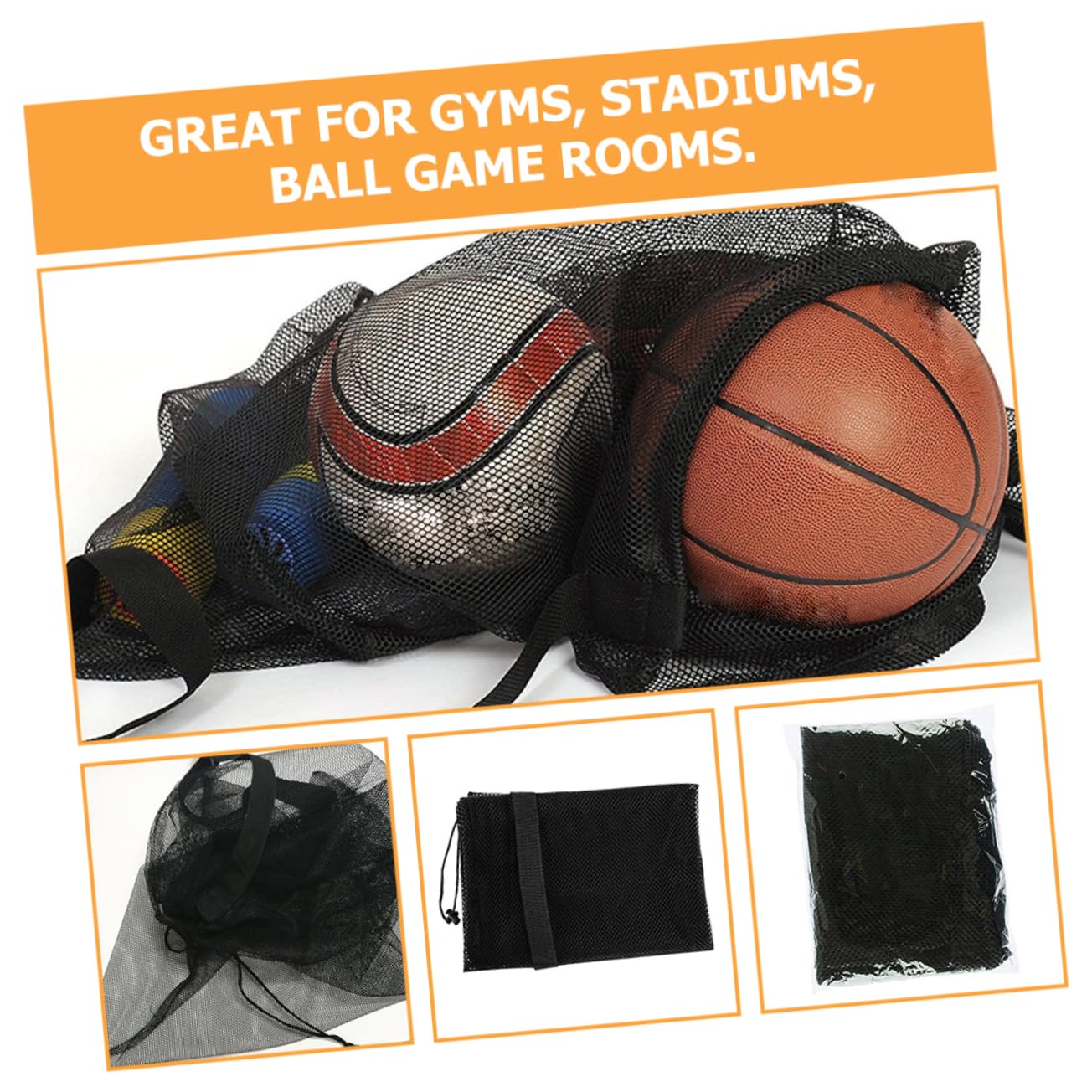 Toyvian Borsa sportiva Maglia netto stringa rete sportiva borsa da calcio Borsa da basket per le palle Borsa da rete per palline sportive sacche da calcio poliestere Nero