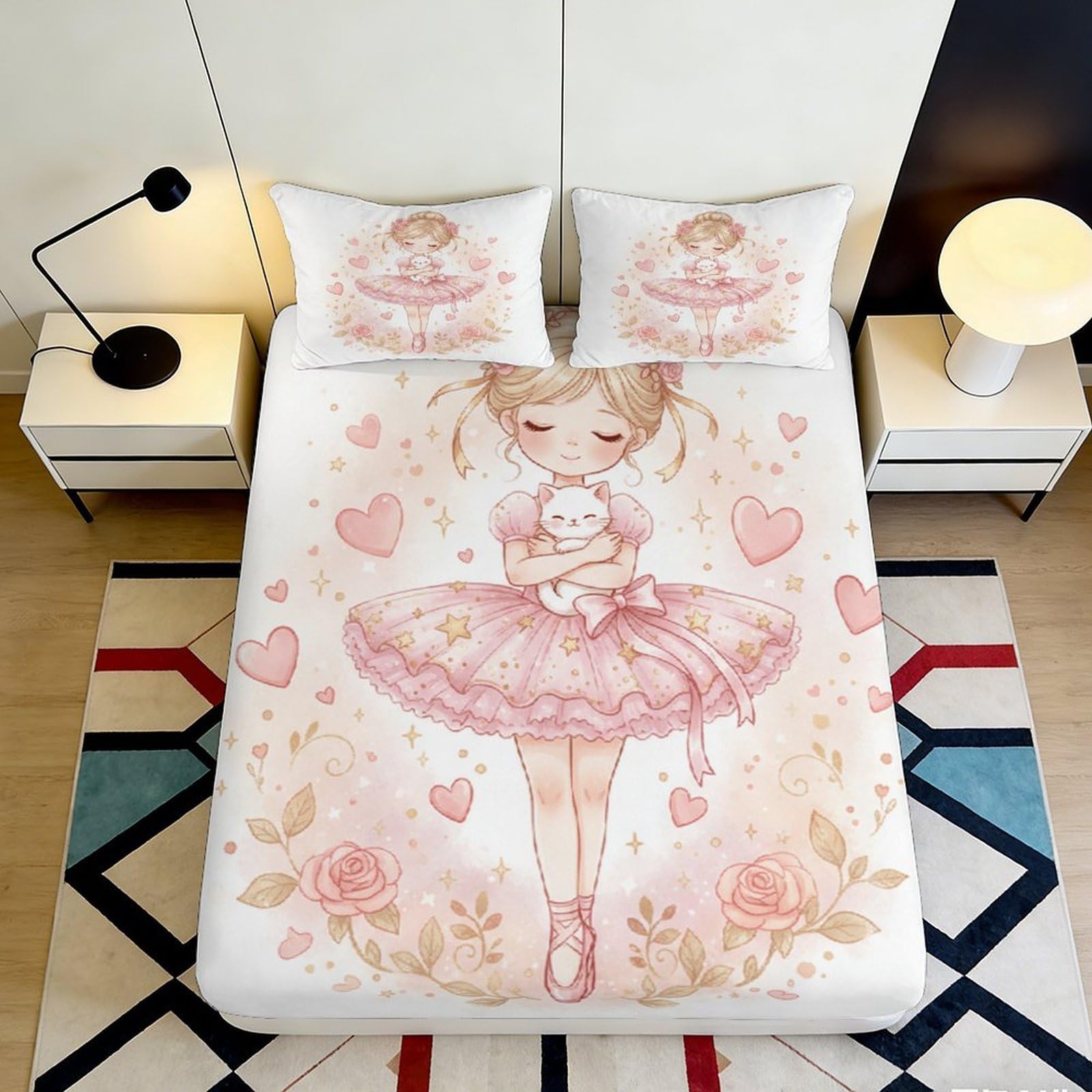 3D Printed Ballerina Cat Fitted Sheet Microfiber Pink Heart Floral Mattress Cover for Bedroom Dorm Bed Décor 140x200x25cm