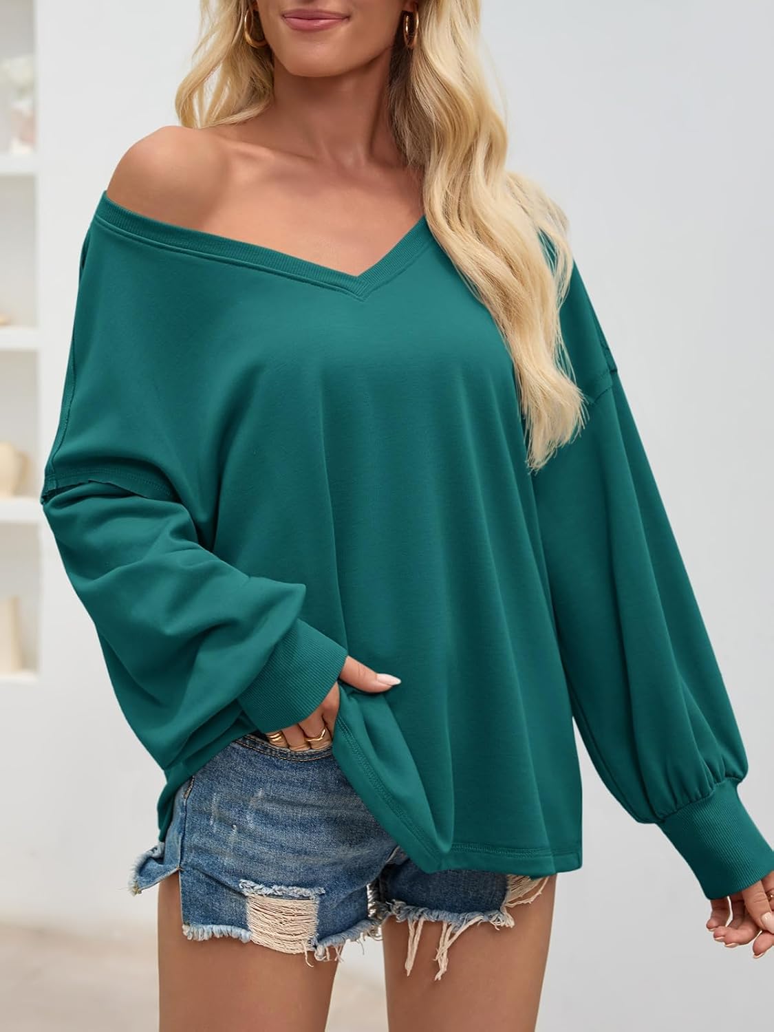 Fisoew Women‘s Oversized Sweatshirts Casual Deep V Neck Lantern Long Sleeve Fall Pullover Tops - Image 4