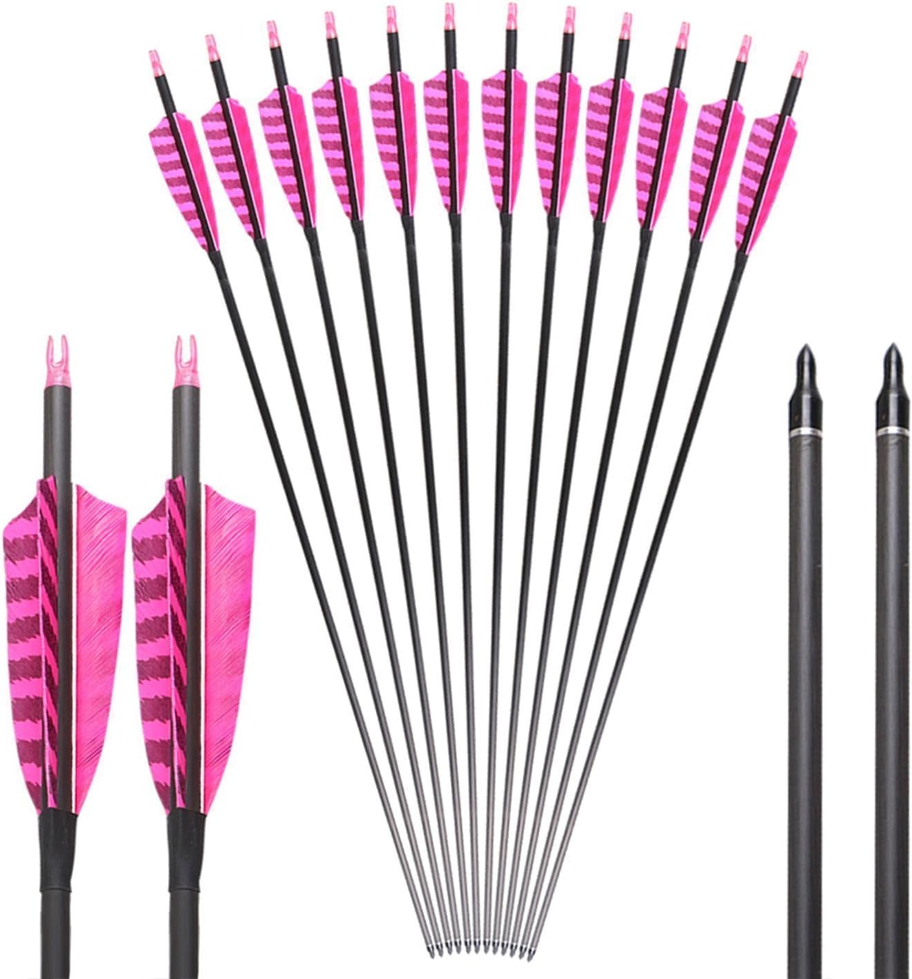 Huntingdoor 31 Inch Hunting Carbon Arrows, Replaceable Points Tips Arrows with 4 Inch Real Feather Fletching,400 Spine Targeting Arrows for Recurve Bow Longbow Practice Pink (Pack of 6)