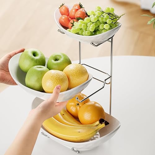 Miniatura 2 de Frutero de cerámica de 3 niveles, cesta de frutas de 3 niveles, soporte para servir con estante de metal, cuencos de cocina de porcelana para