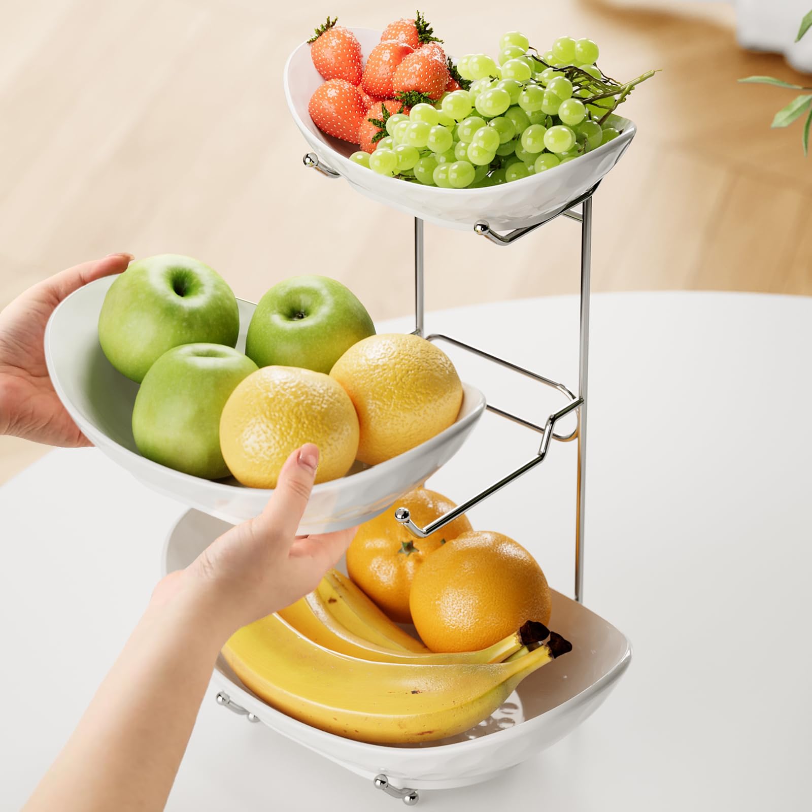 Cuenco de frutas, cesta de cerámica de 3 niveles, soporte para servir de 3 niveles con estante de metal, cuencos de cocina de porcelana para frutas, verduras, aperitivos, nueces, postres,