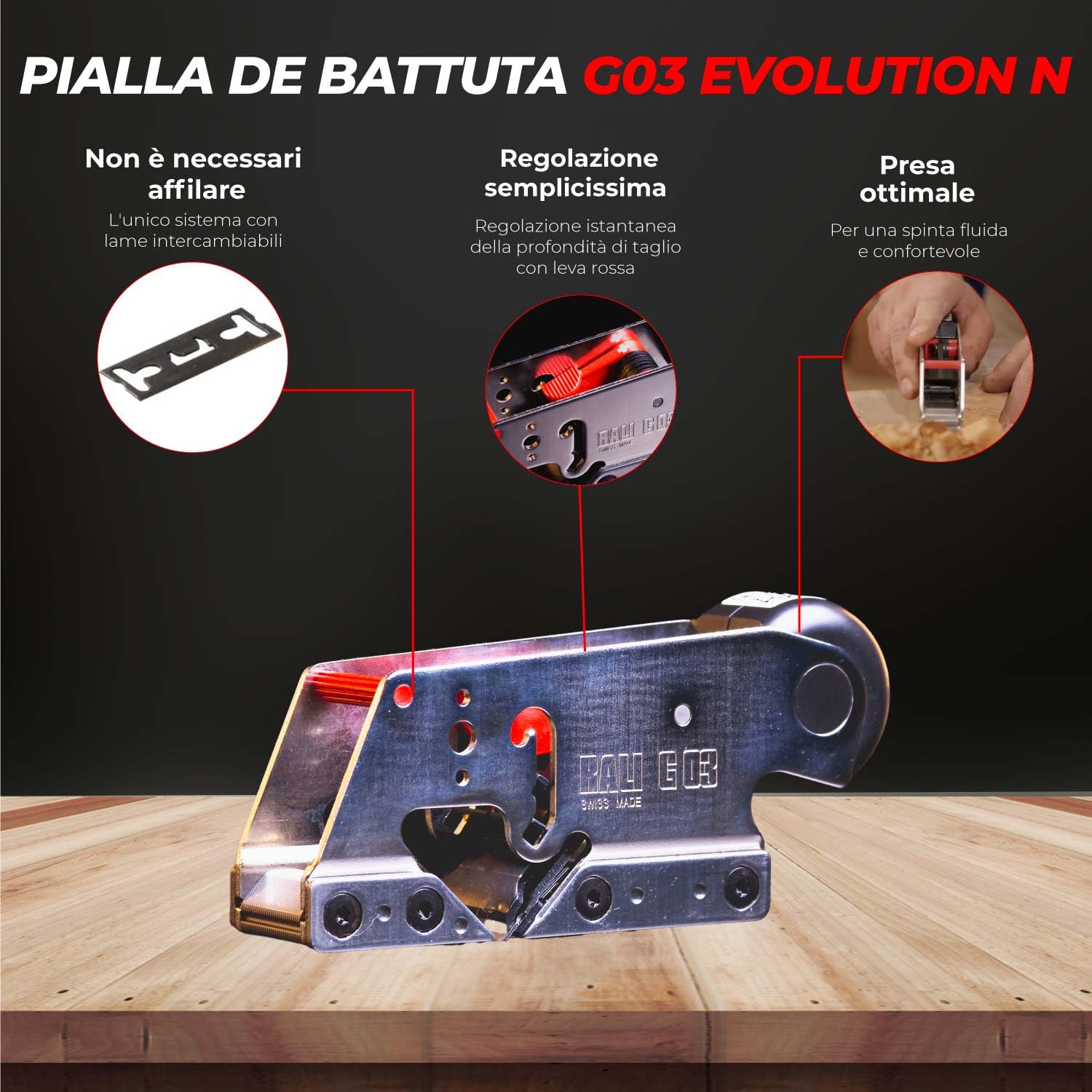 RALI G03 EVOLUTION N Pialleto a battuta senza affilatura per falegname. Pialleto a una mano con suola pesante, ideale per battute professionali | Regolazione ultra-facile della profondità