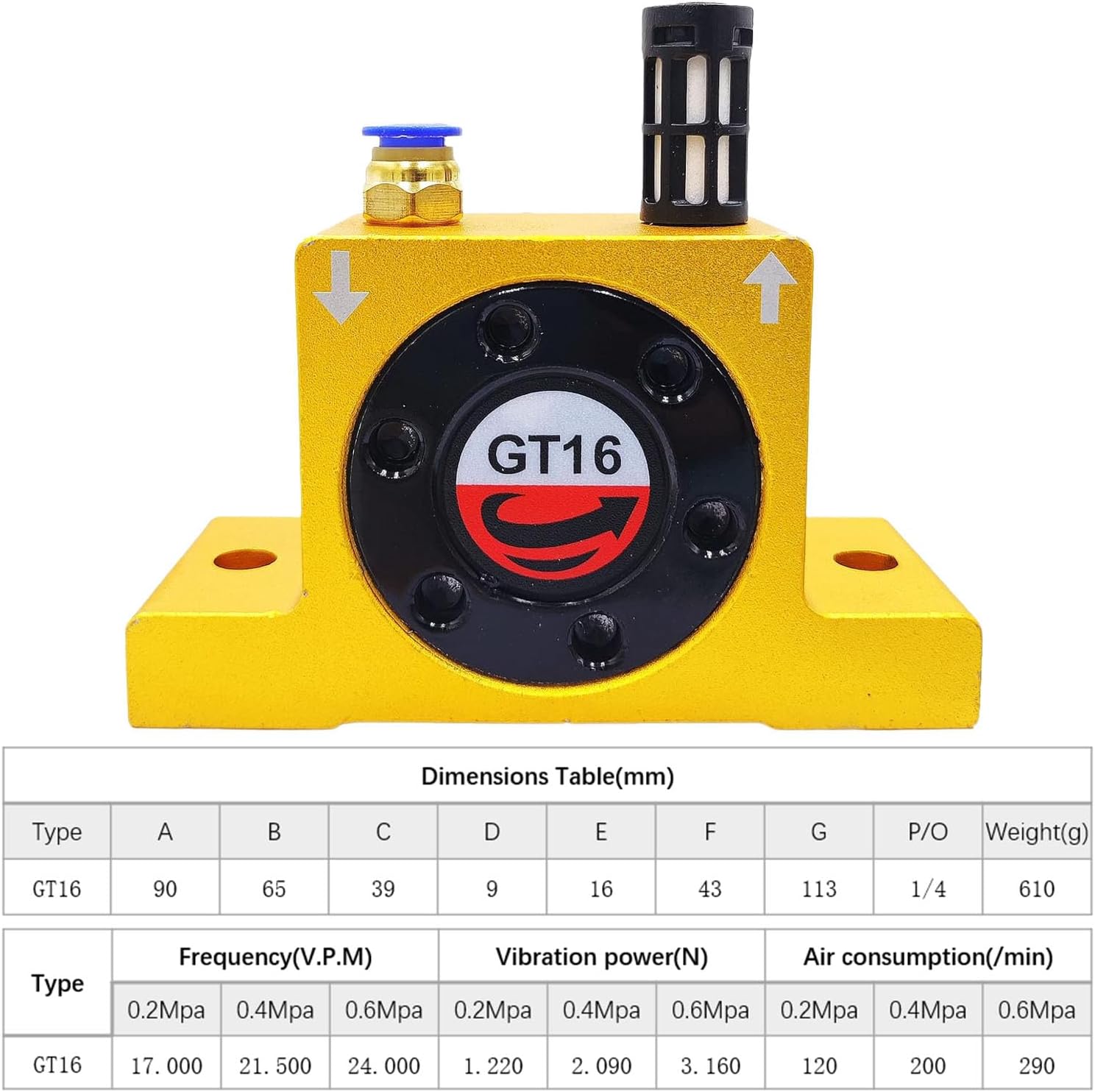 GT16 G 1/4'' Pneumatic Turbine Vibrators, Silent Golden Industrial Turbine Vibrator for hopper, Pneumatic Ball Vibrators With Silencer and Connector
