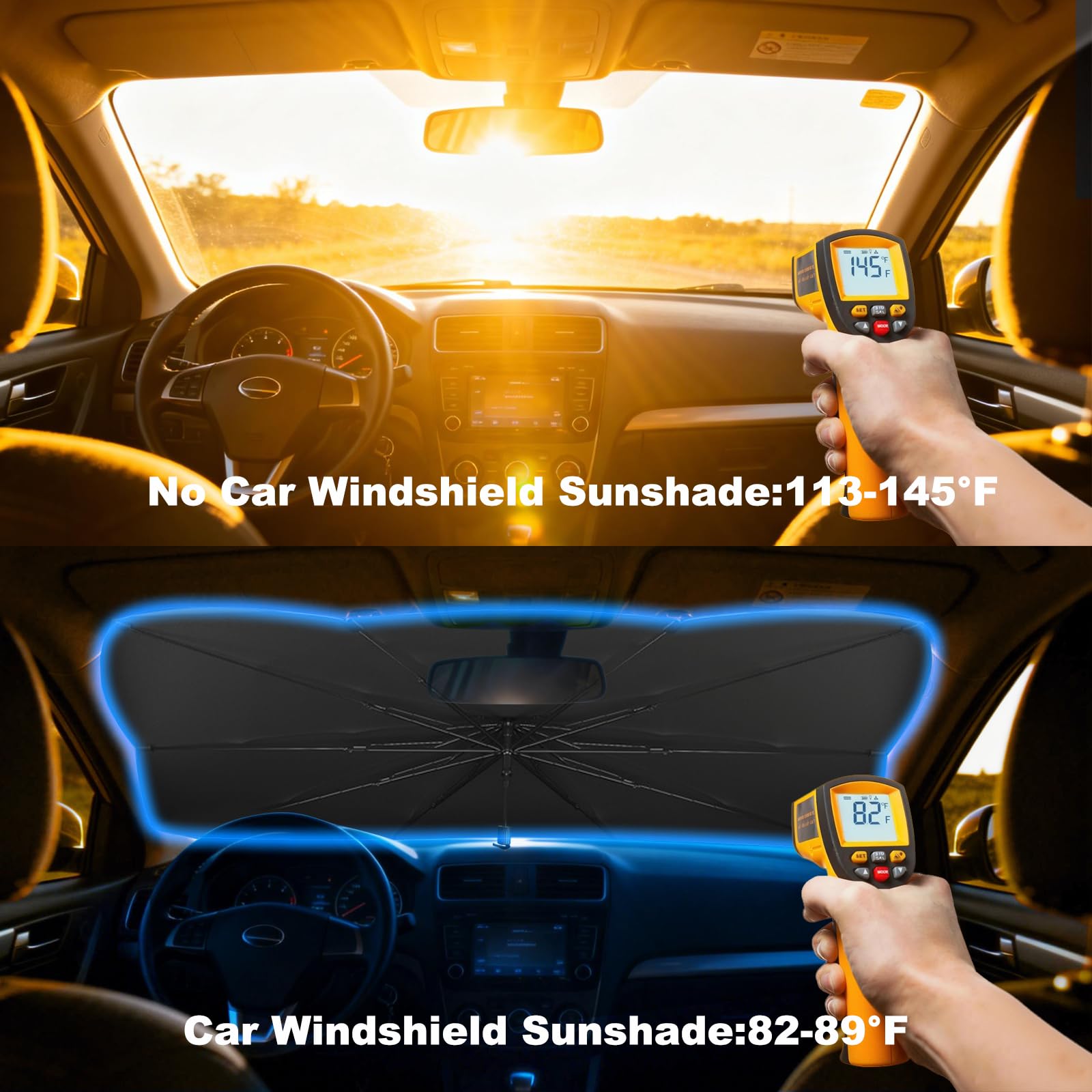 BIRDDIE Parasol para parabrisas de coche, ajuste manual estable multiángulo, protección UV y contra el calor con funda de cuero, parasol de coche para sedanes, SUV, MPV — view 2