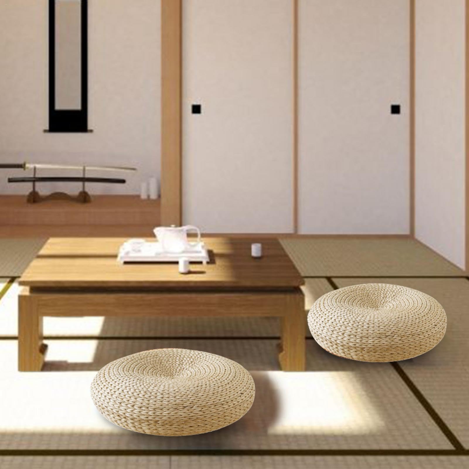 Futon, Cuscino in Vimini Naturale, Cuscino rotondo Tatami, Cuscino Seduta in Paglia da Terra Rotondo Tatami, Traspirante, Cuscino Rotondo da Pavimento, Decorazione per Salotto da Giardino