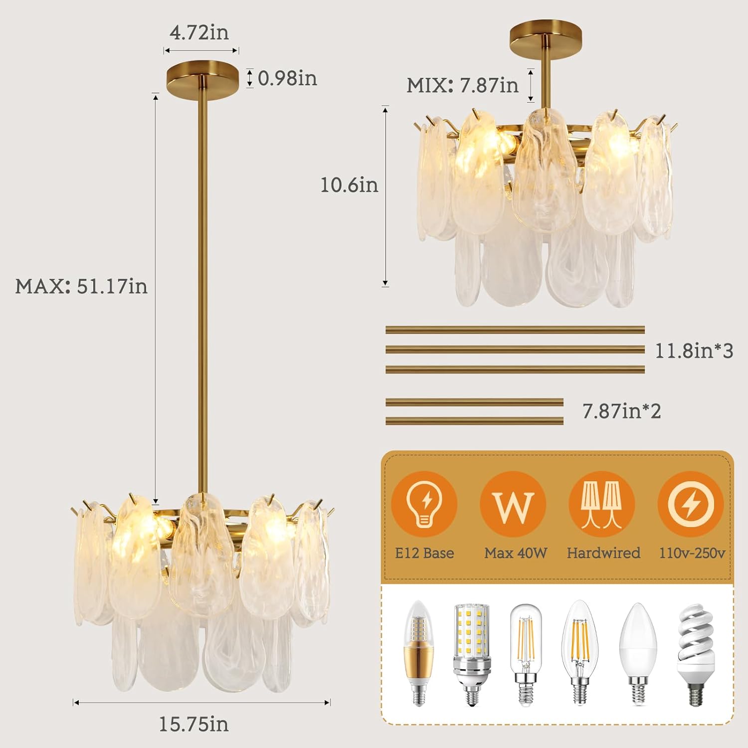 Modern Gold Cloud Glass Chandeliers, 15.7 Inches Creative Crystal Pendant Ceiling Fixture, 2 Tier Luxury Height Adjustable Chandelier, 4-Light for Bedroom Living Room Dining Room Hallway Foyer (E12)