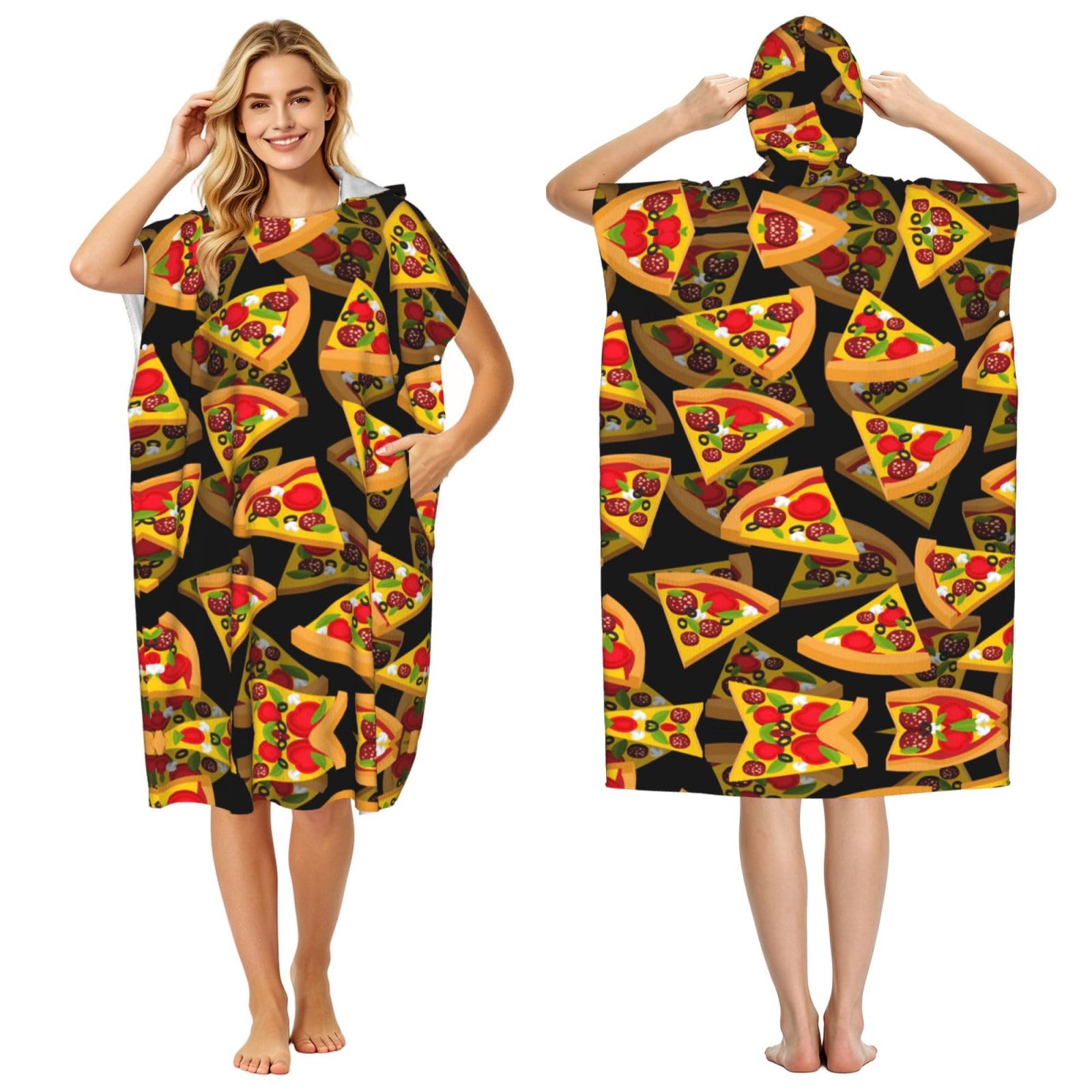 Poncho à capuche imprimé pizza 3D original, drap de bain microfibre ultra léger