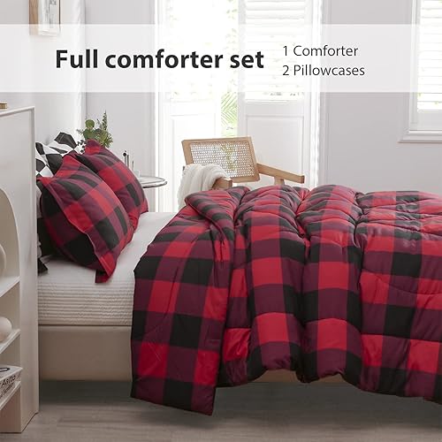 Miniatura 2 de LUCKYBULL Juego de edredón tamaño matrimonial de 3 piezas, juego de ropa de cama esponjoso a cuadros rojos, edredón alternativo a cuadros de búfalo