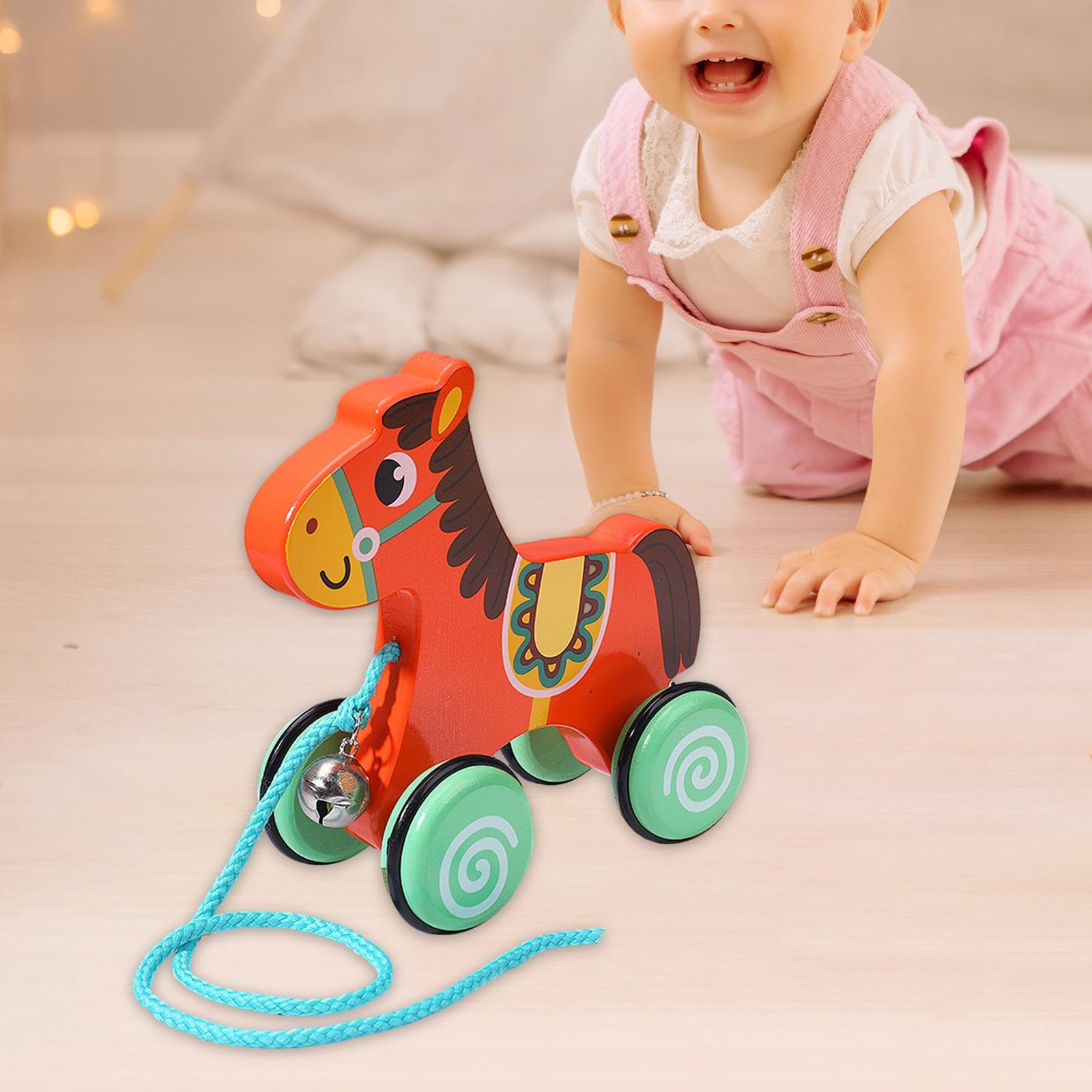 Gralara Holz Spielzeug Schiebe Und Ziehspielzeug Lauflernwagen für Kinder Ab 1 Jahr mit Gummiringen Und Glöckchen für Motorische Entwicklung Aktiv, Pferd