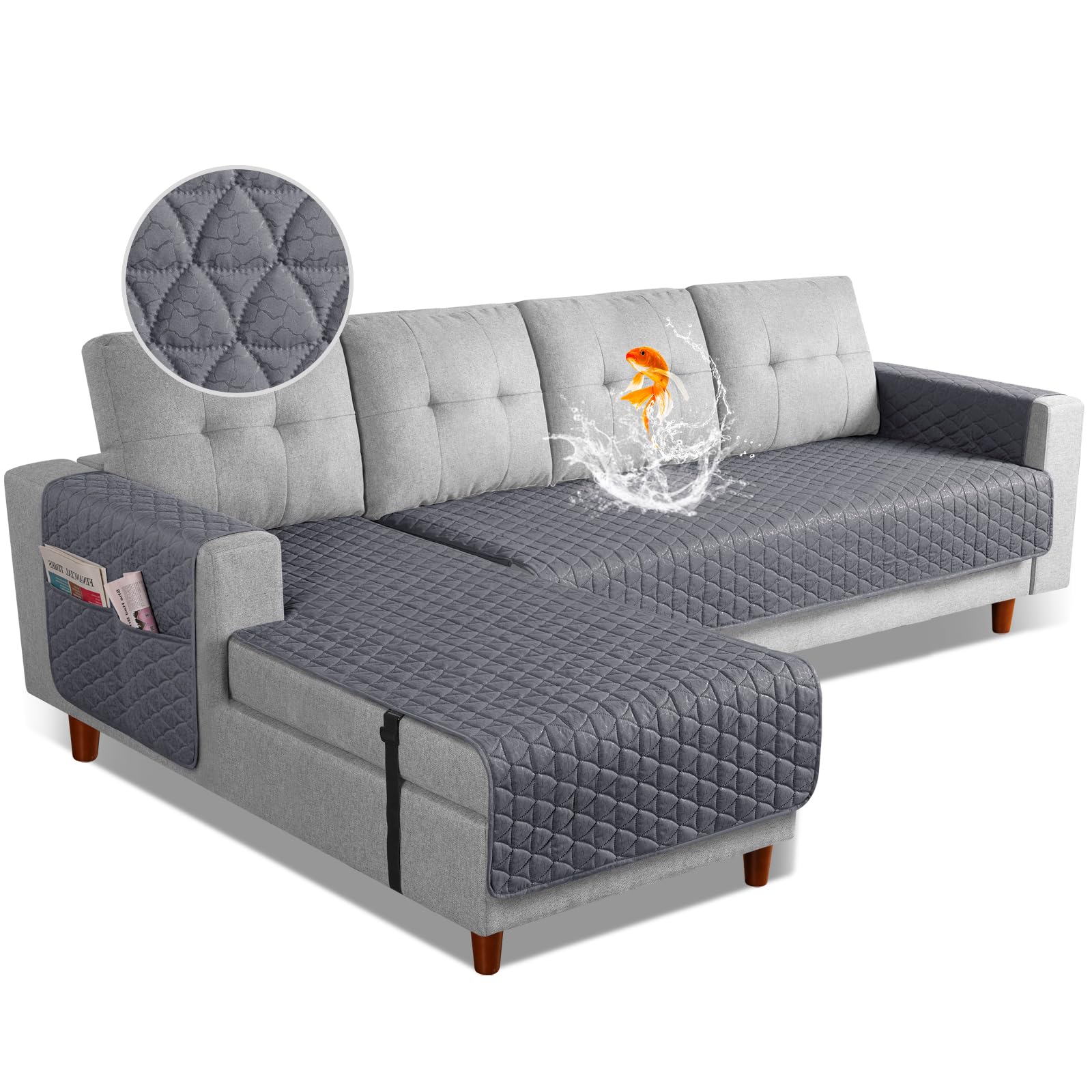 TAOCOCO Sectional Couch Covers 100% Waterproof L Shaped Sofa Covers for Left Hand Facing Chaise Lounge, 2 Pieces Couch Cover L Shape Furniture Protector Slipcover for Pets Kids, Large/Dark Gray