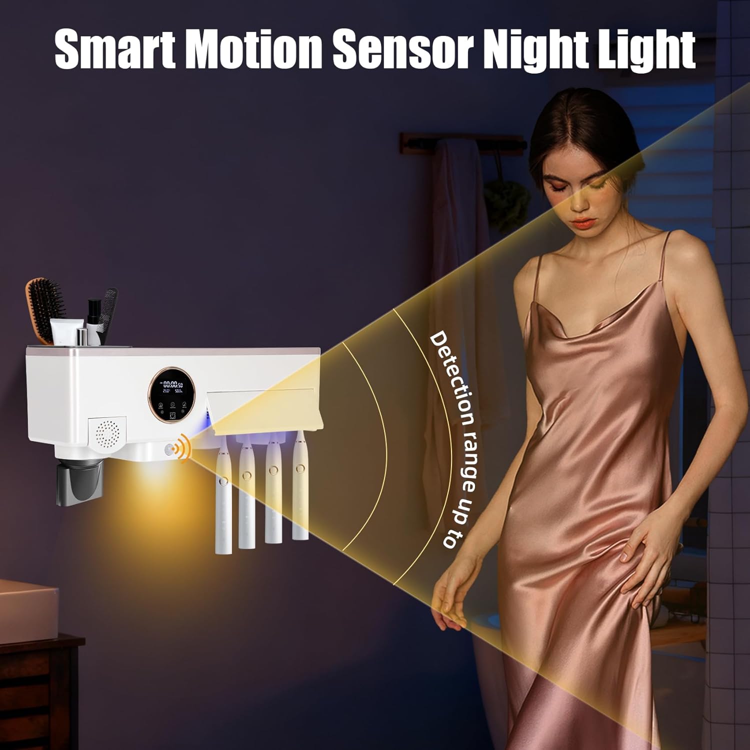 Toothbrush Holder Cleaner, Smart Automatic Toothbrush & White Hair Dryer Holder, Sensor Light, Touch Screen Timer, Bathroom Wall Accessories Organizer - Image 4