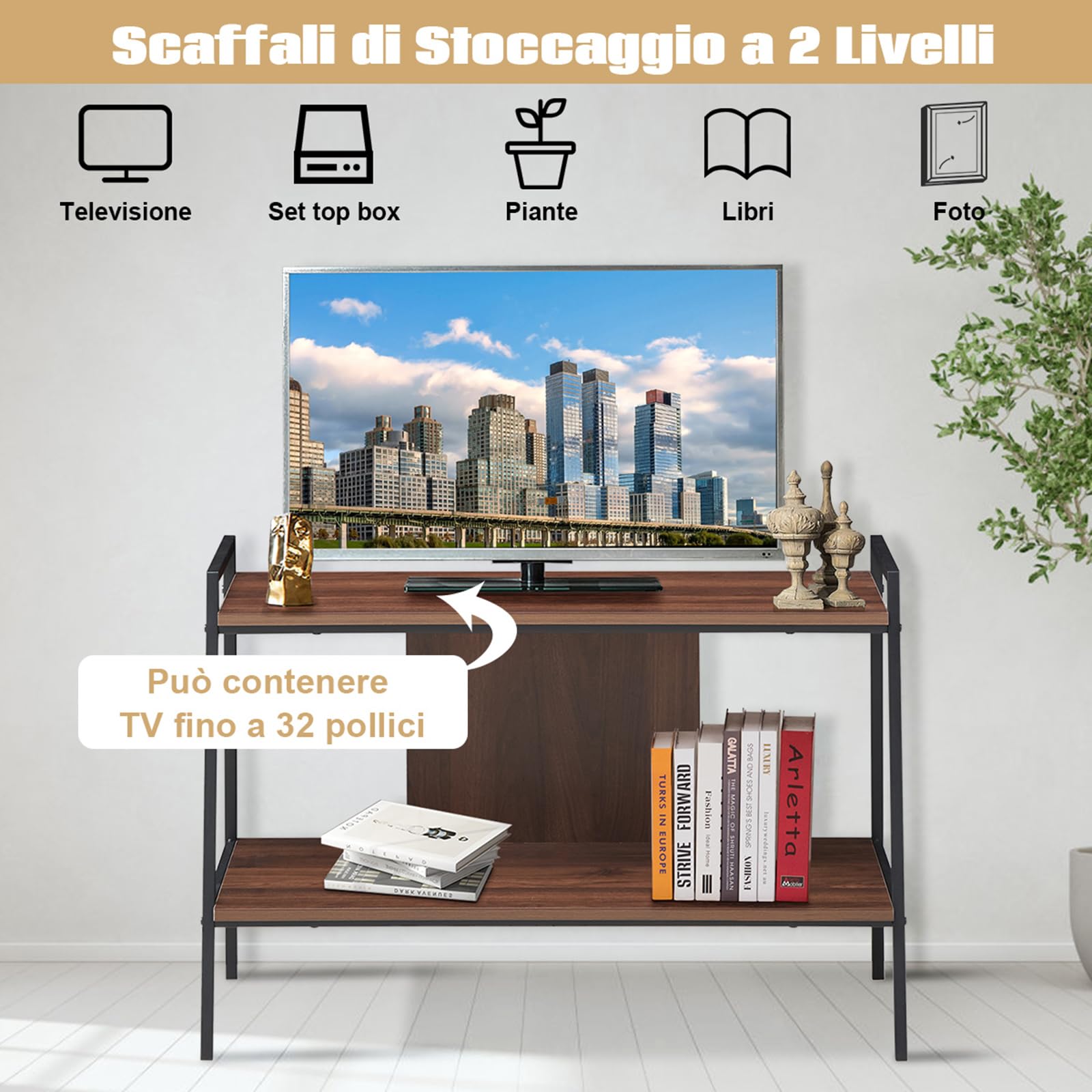 COSTWAY Mobile Porta TV fino a 32'', Ripiani a 2 Livelli