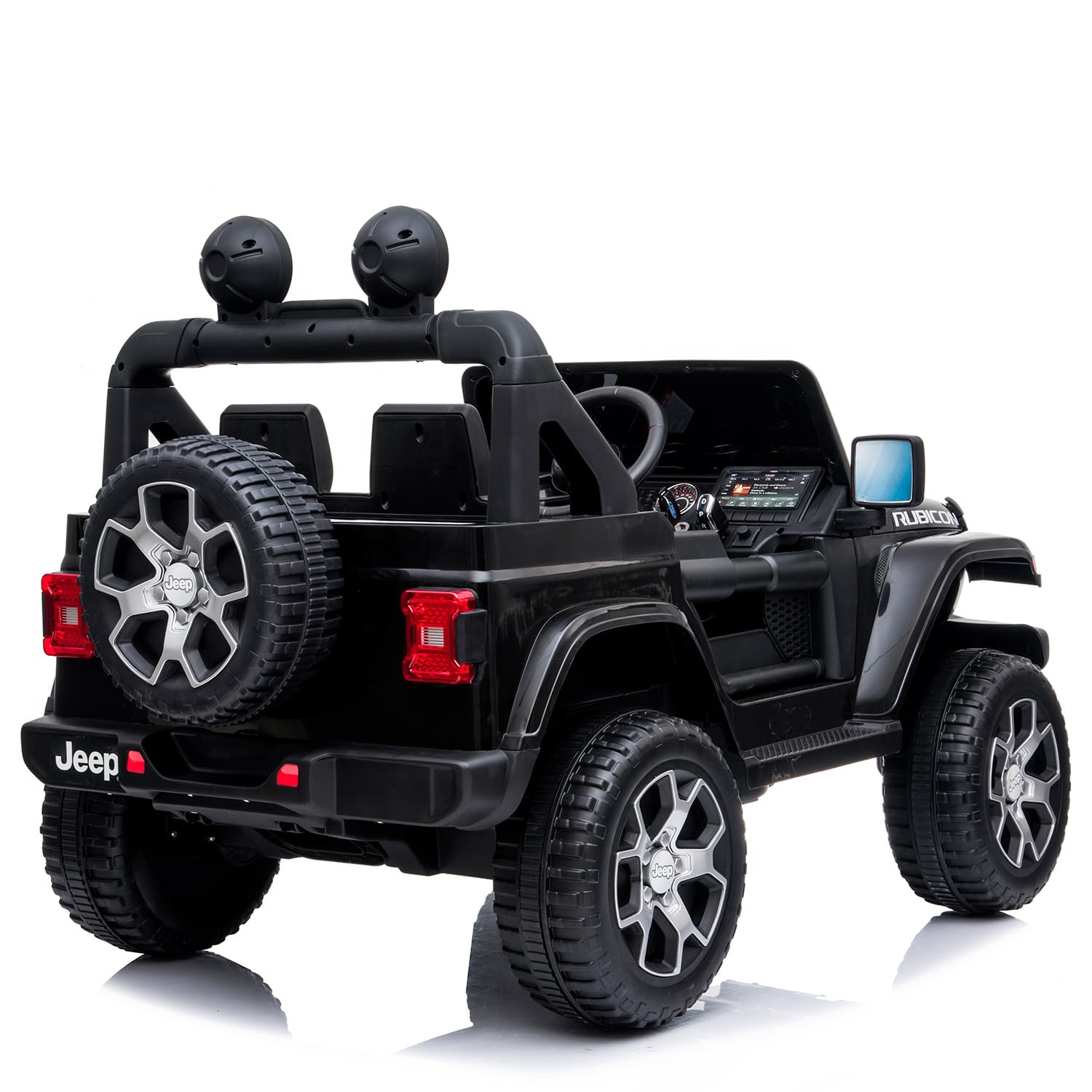 Auto Elettrica Bambini Jeep Wrangler Rubicon 12V 2 Posti con Licenza Ufficiale Ruote in Gomma EVA Sedile in Pelle Telecomando 2.4GHz Luci LED Bluetooth MP3 USB Porte Apribili Full Optional (Nero)