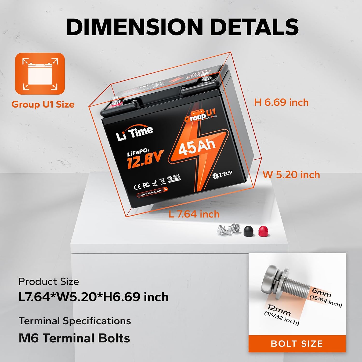 LiTime 12V 45Ah LiFePO4 Battery, Wheelchair Lithium Battery with Low-Temp Protection, Built-in BMS, 576Wh Energy for Electric Wheelchair, Mobility Scooter, Trolling Motor, Camping