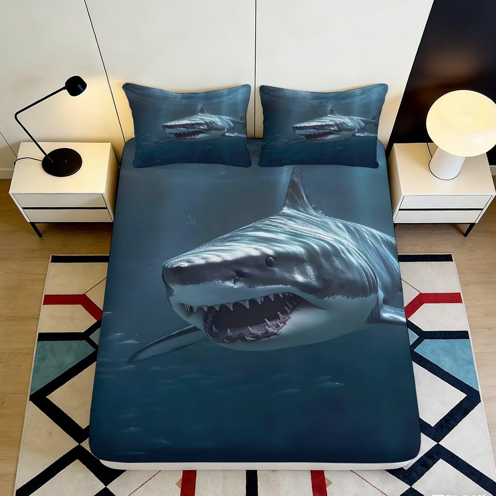 Uxinyoume Style-2 3D Printed Shark Ocean Fitted Sheet Microfiber Soft Dark Blue Sea Mattress Cover For Bedroom Dorm Easy Care 90X200x25cm