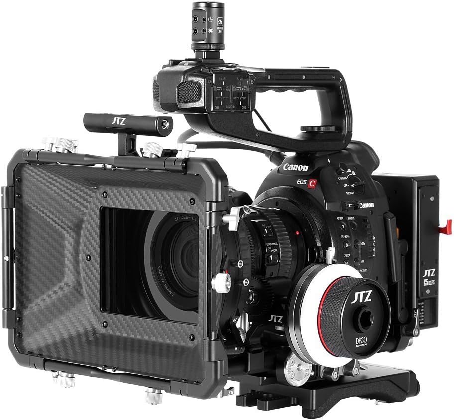 JTZ DP30 Camera Cage with Universal 15mm Rail Rod Baseplate Rig+4×4" Carbon Fiber Matte Box+Follow Focus+Power Supply (LE Version) for Canon Cinema EOS C100 C300 C500 Mark II 2 Video Cameras