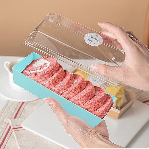 Vista 7 de Lainrrew 50 juegos de cajas de rollo para pasteles, contenedores de plástico de rollo suizo, caja de papel para sándwich con tapas transparentes
