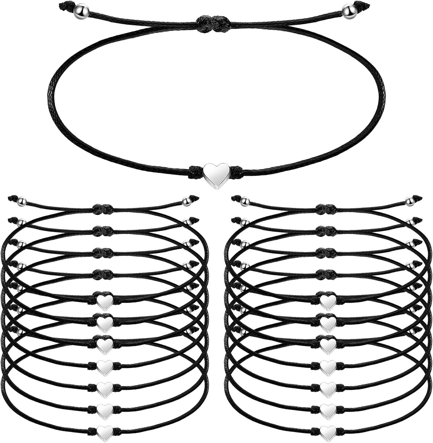 Fumete 48 Pcs Valentines Day Gifts Bulk Heart Matching Bracelets Bulk for Friend Heart String Black Adjustable Handmade Promise Bracelet for Women Friends Couples Girls Bestie