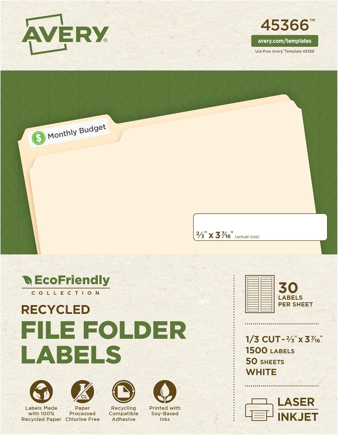 Avery EcoFriendly Recycled File Folder Labels, 2/3" x 3-7/16", White, Permanent Label Adhesive, 1,500 Printable Labels (45366)