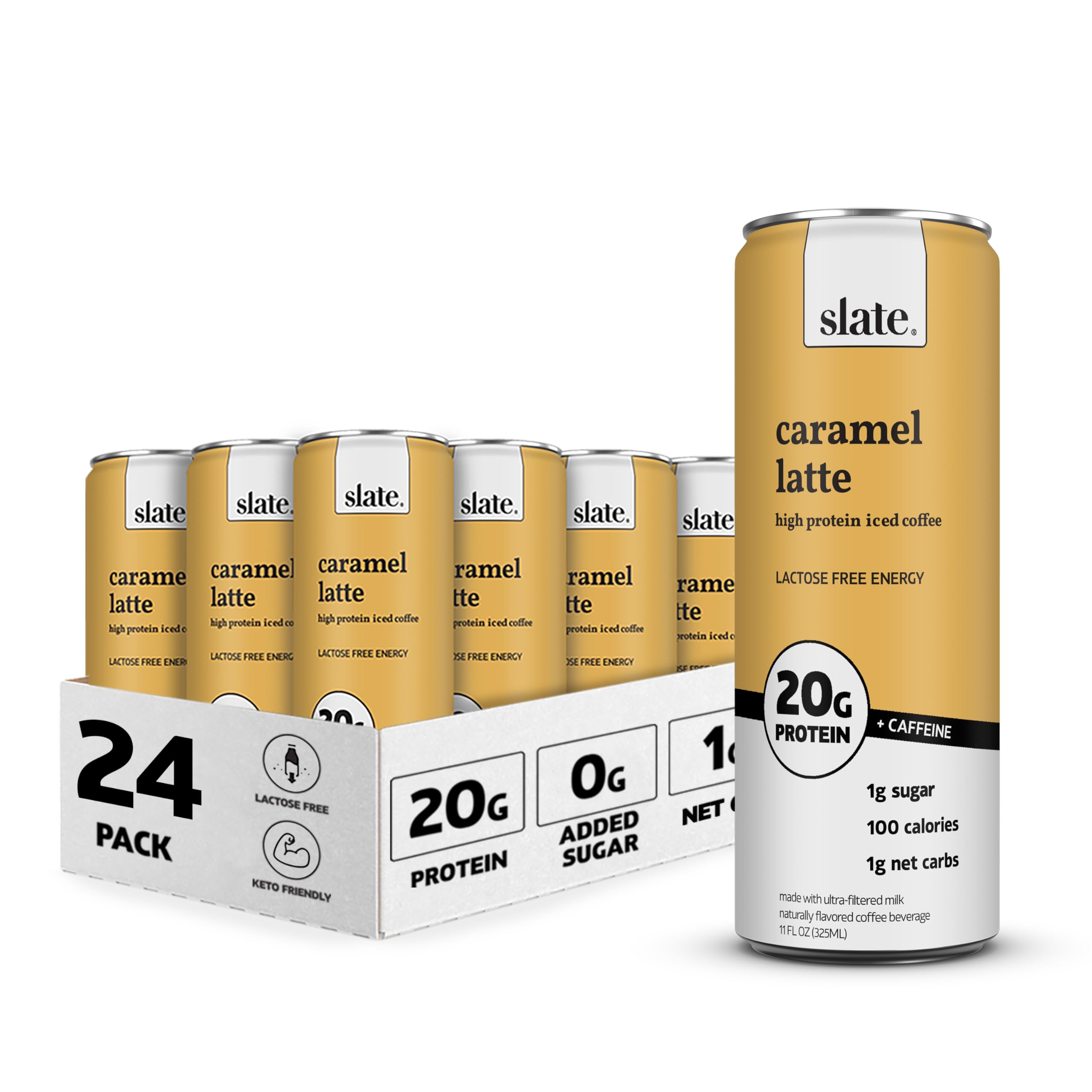Slate Milk - High Protein Iced Coffee - Caramel Latte - 175mg Caffeine, Lactose Free Energy - 20g Protein, 1g Sugar, 100 Calories, 1g Net Carbs, No Sugar Added - Protein Coffee - 11 fl oz, 24 Cans