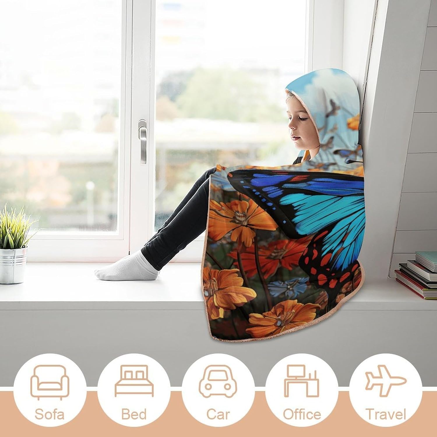 Big Butterfly Wearable Hooded Blanket, Ultra Soft Arctic Velvet Cape Cloak Unisex - Cozy Wearable Blanket