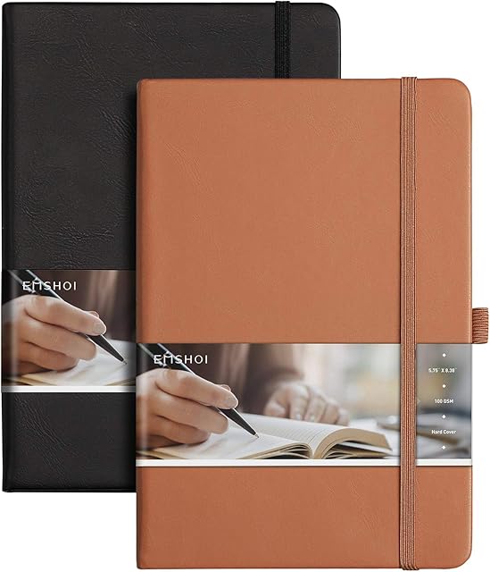 EMSHOI A5 Notebooks, Journal Hardback Notebook, Notepad Lined Leather Thick Notebook w/ 384 Pages for Office School Home Business Writing Pad Note Books Taking 100gsm notebooks 2 Pack, 14.8 x 21.3cm
