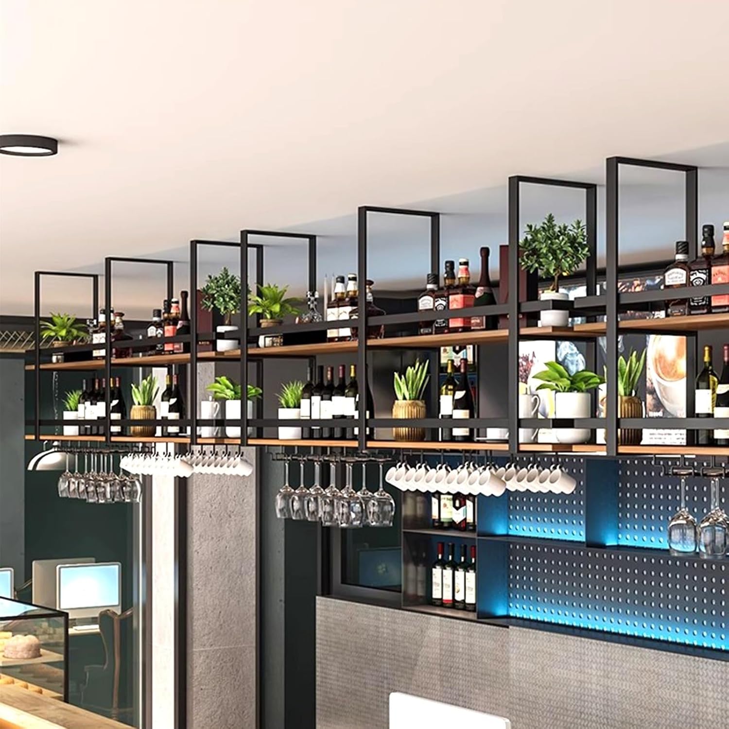 Ceiling Shelf - 2 Tier Ceiling Hanging Wine Glass Holder, Kitchen Hanging Storage Rack, Wall Mounted Solid Wood Wine Glass Holder With Guard Rails, For Kitchen/LOFT/Bar ( Size : 160*30*80cm(63*12*31 I
