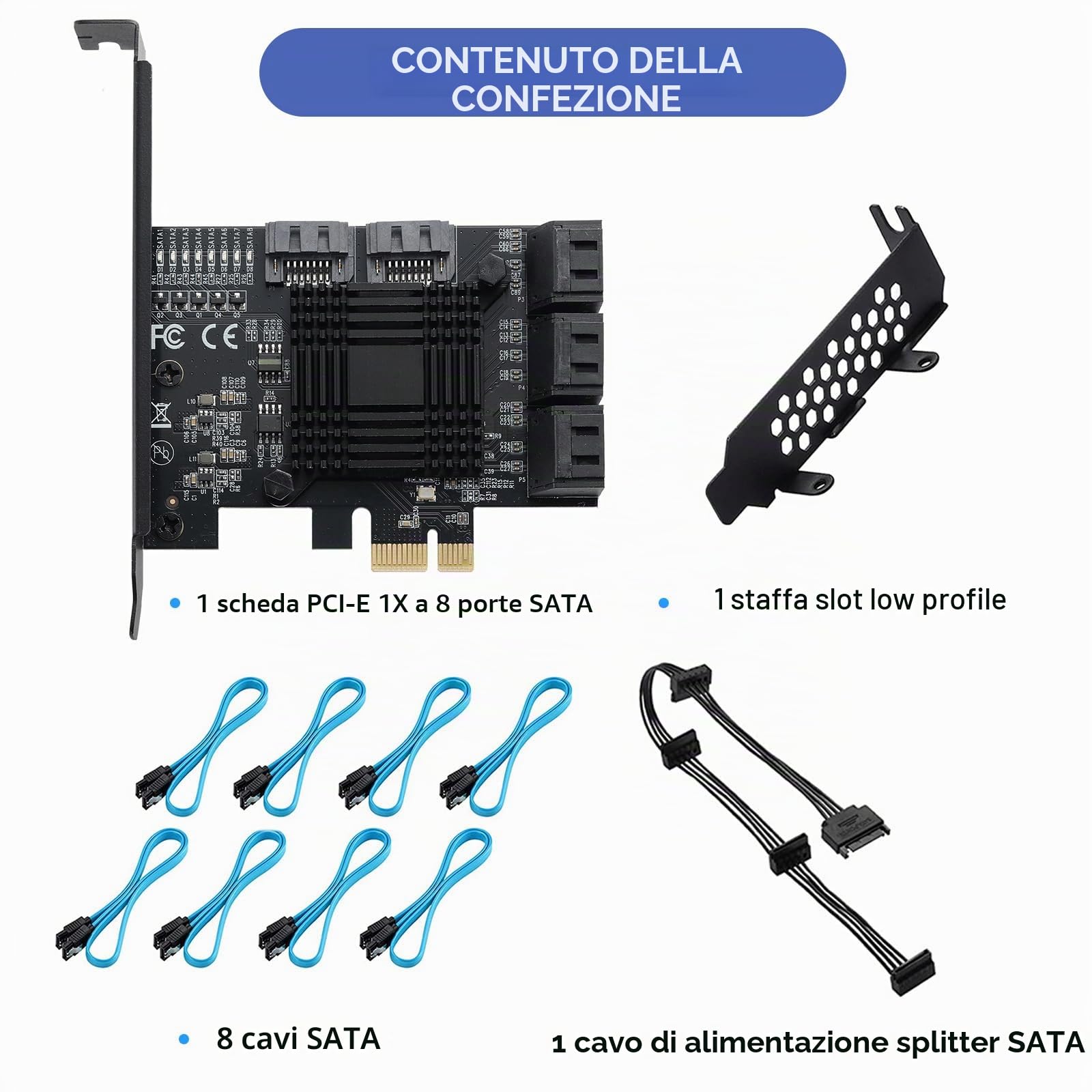 Scheda PCIE 1X SATA a 8 porte, con 8 cavi SATA e staffa a basso profilo, controller PCIE a SATA 3.0 6 Gbps, scheda di espansione PCIE a SATA, controller SATA, scheda PCIE SATA, chip ASM1166+JMB575