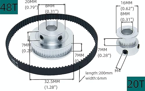 Miniatura 2 de SHCEEC Juego de 2 poleas de sincronización de aluminio 2GT de 20 y 48 dientes, rueda síncrona de 0.315 in de diámetro con 2 correas de 7.874 in de