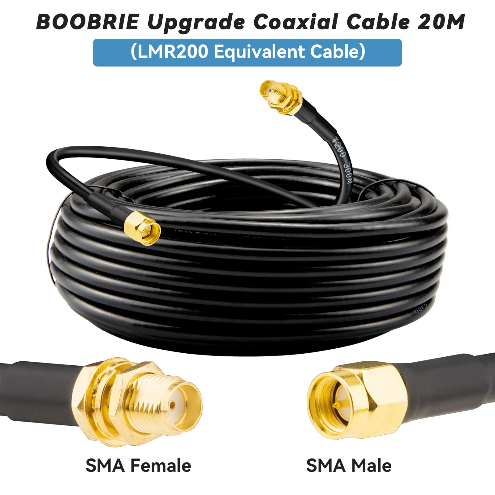 Câble d'extension d'antenne WiFi 5G SMA LMR200 équivalent SMA mâle vers femelle 20 m - Faible perte pour routeur 3G 4G 5G LTE antenne WiFi ADS-B GPS WLAN modem BaoFeng Kenwood Yaesu