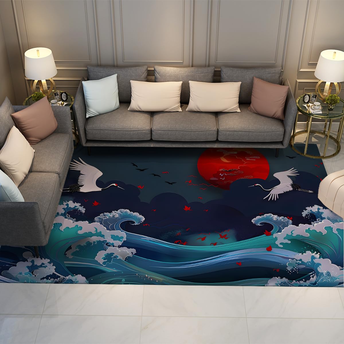 Tapis d'art japonais Ukiyo-E de salon lavable et antidérapant