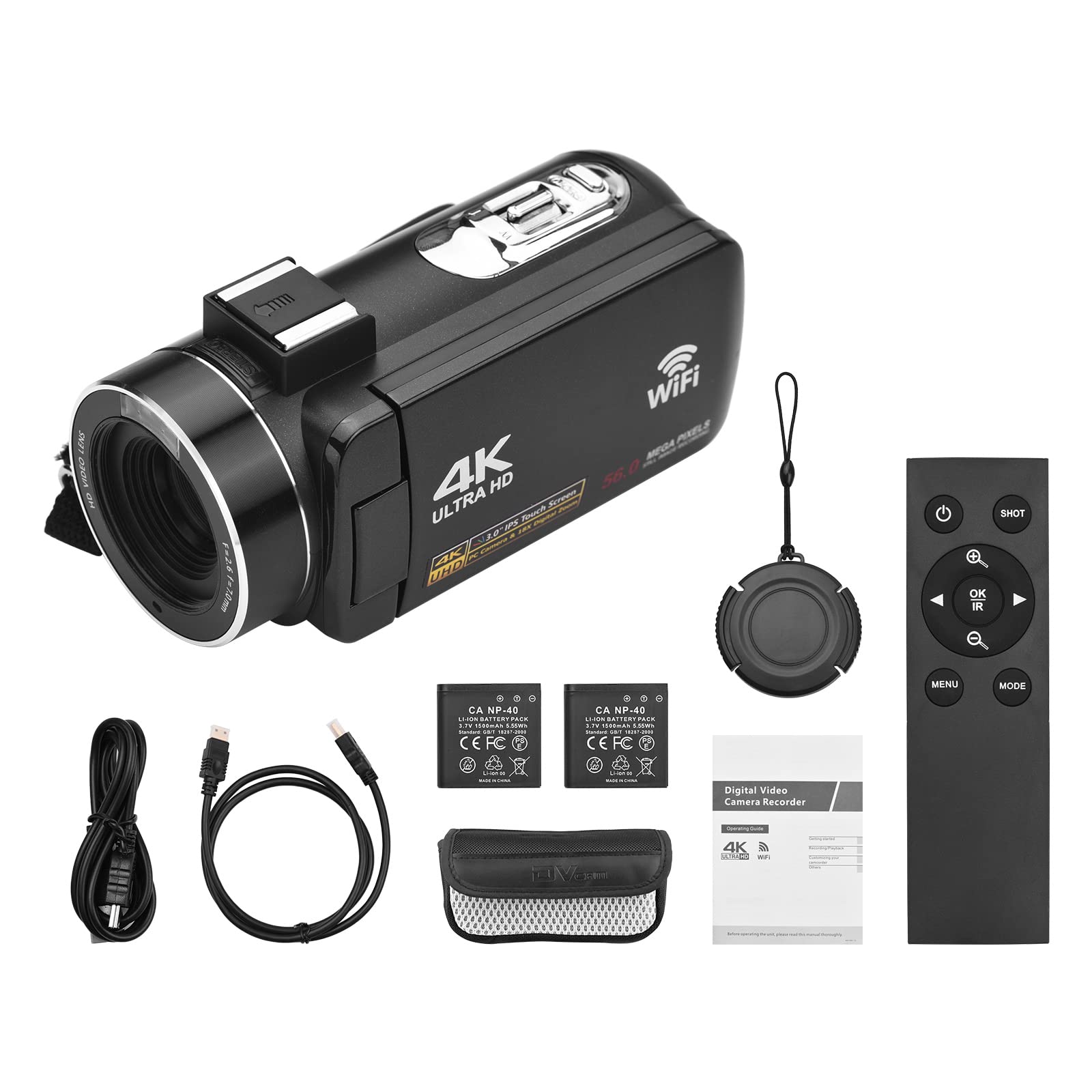 Caméra vidéo numérique 4K Caméscope WiFi Enregistreur DV 56MP Zoom numérique 18X Écran Tactile IPS 3,0 Pouces avec 2 Piles + télécommande + Sac de Transport