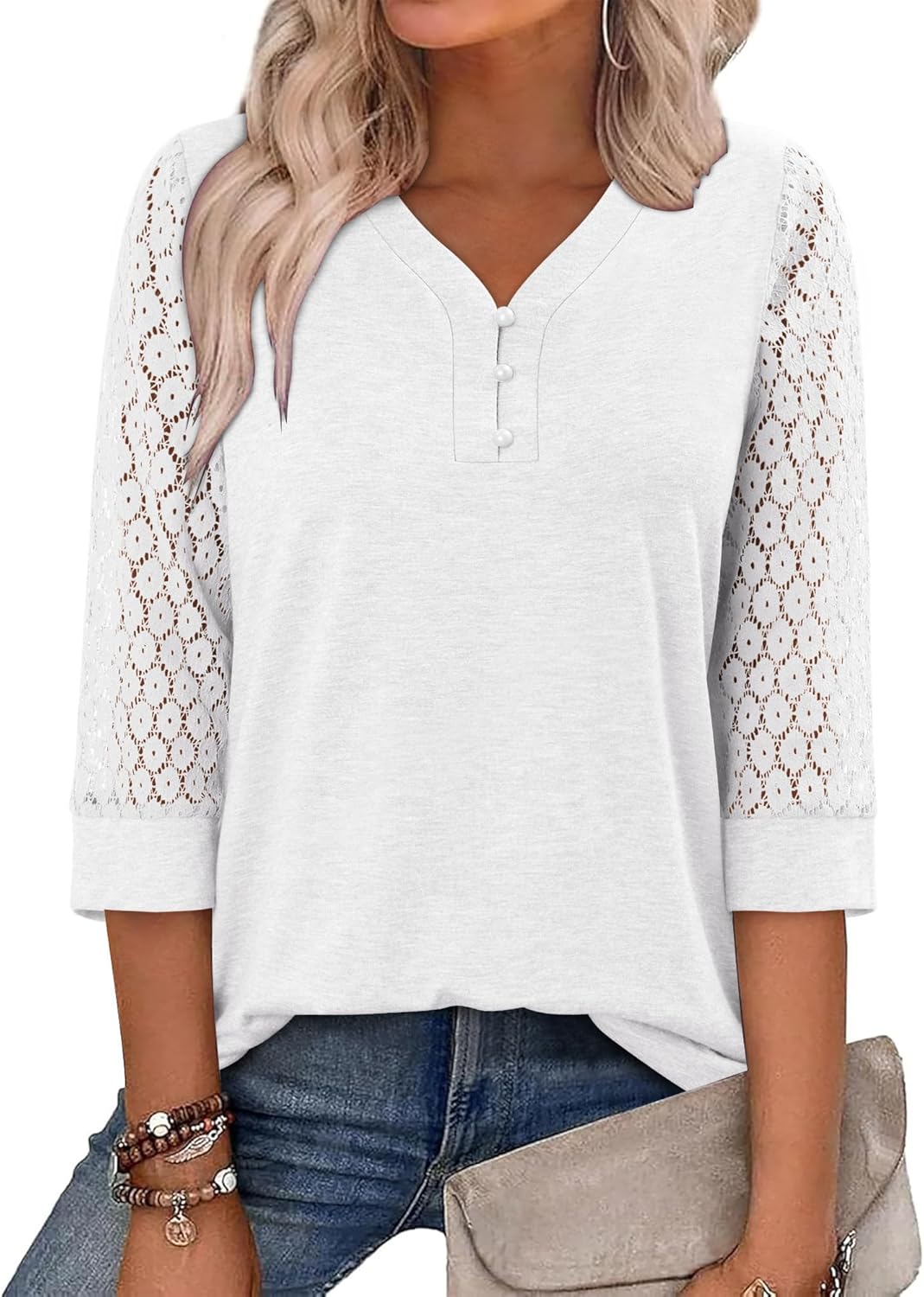 CRAZY GRID 3/4 Length Sleeve Womens Tops V-Neck Lace Tunic Button Down Business Casual Blouses Fall Trendy Outfits 2026 S-XXL - Image 2
