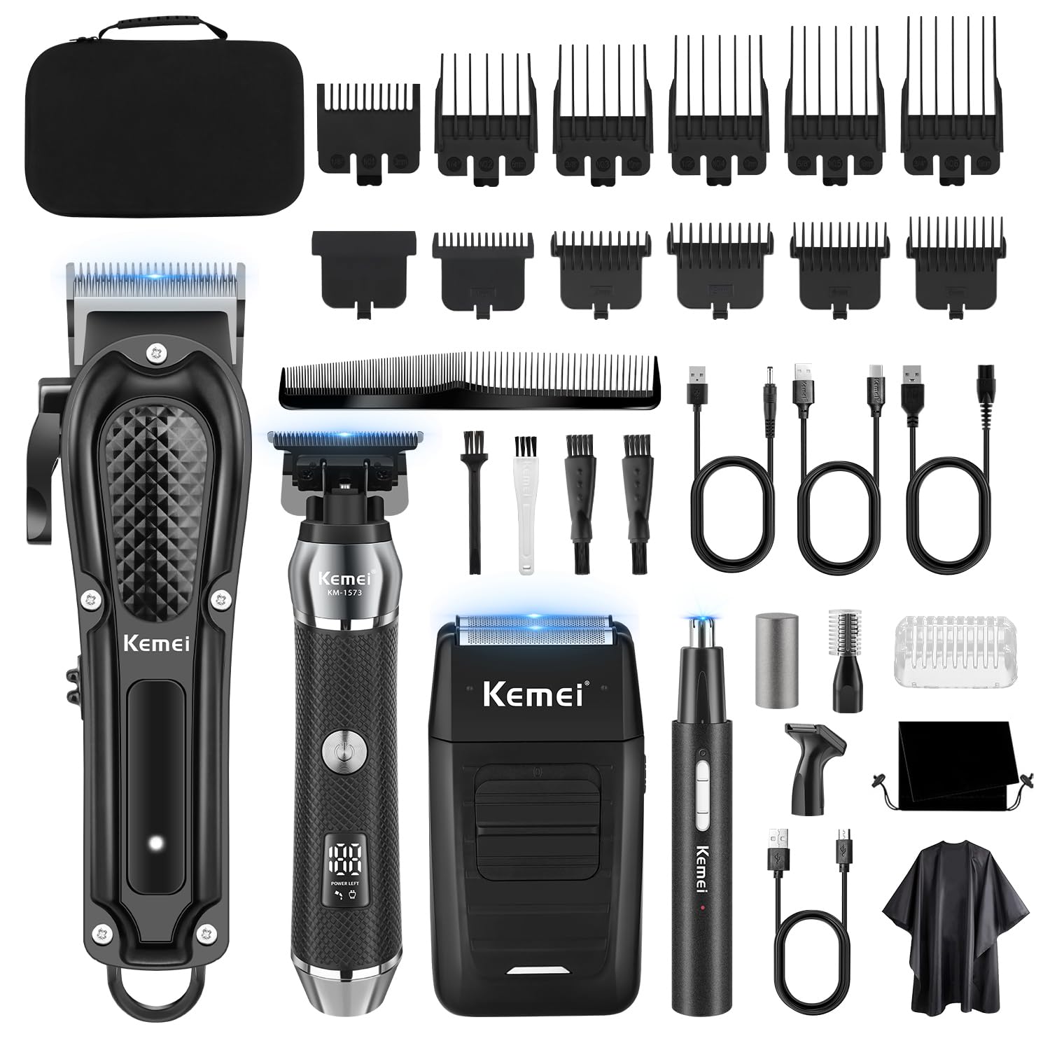 KEMEI Professional Hair Clippers for Men, Cordless Barber Clipper Beard Trimmer Foil Shaver Nose Eyebrow Ear Trimmer Set, USB Charging Complete Electric Hair Cutting Grooming Kit with 11 Guide Combs