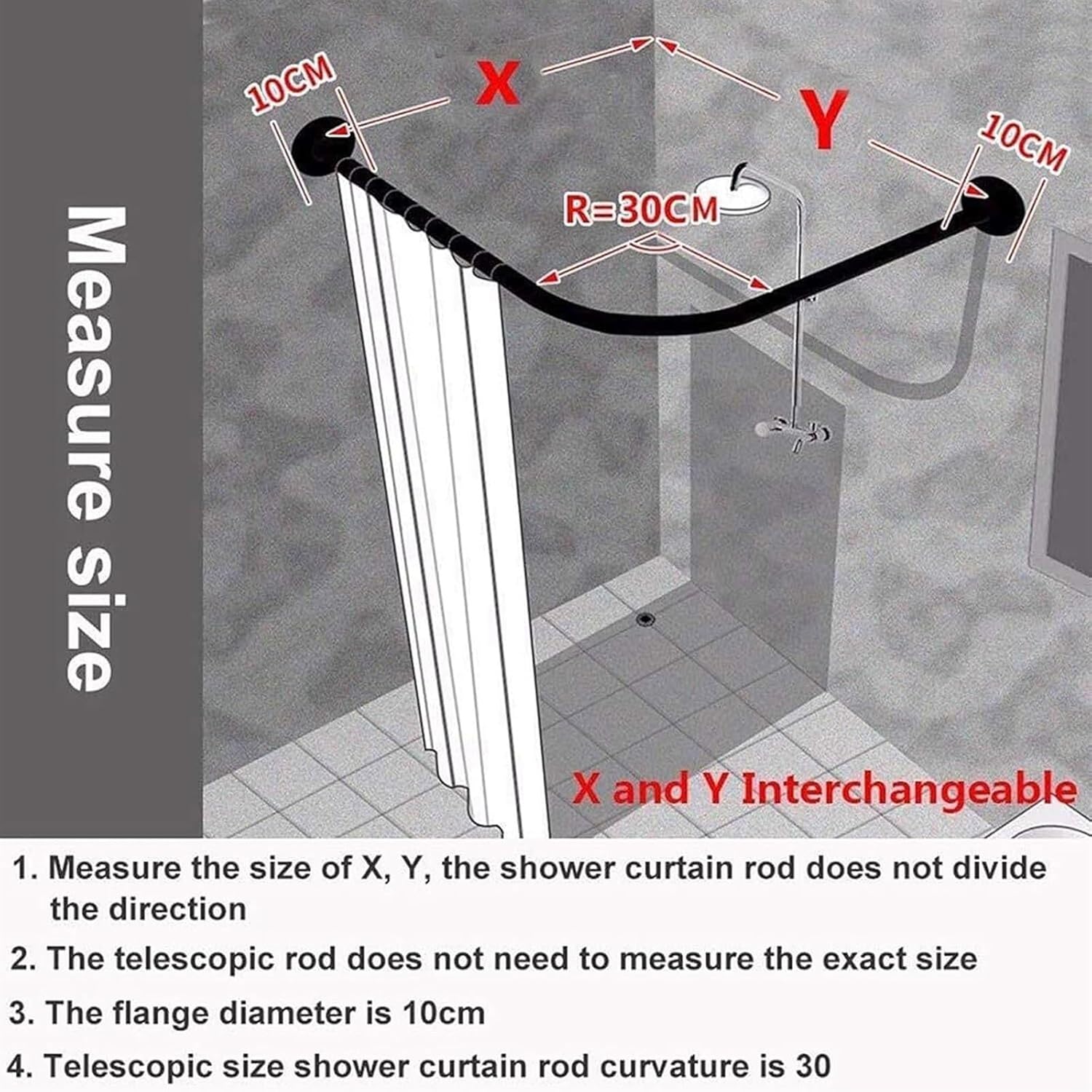 Shower Curtain Rod, Stainless Curved Shower Curtain Rod, Shower Curtain Rod Adjustable Extendable Pole, Shower Curtain Not Included(60~80x80~120cm)